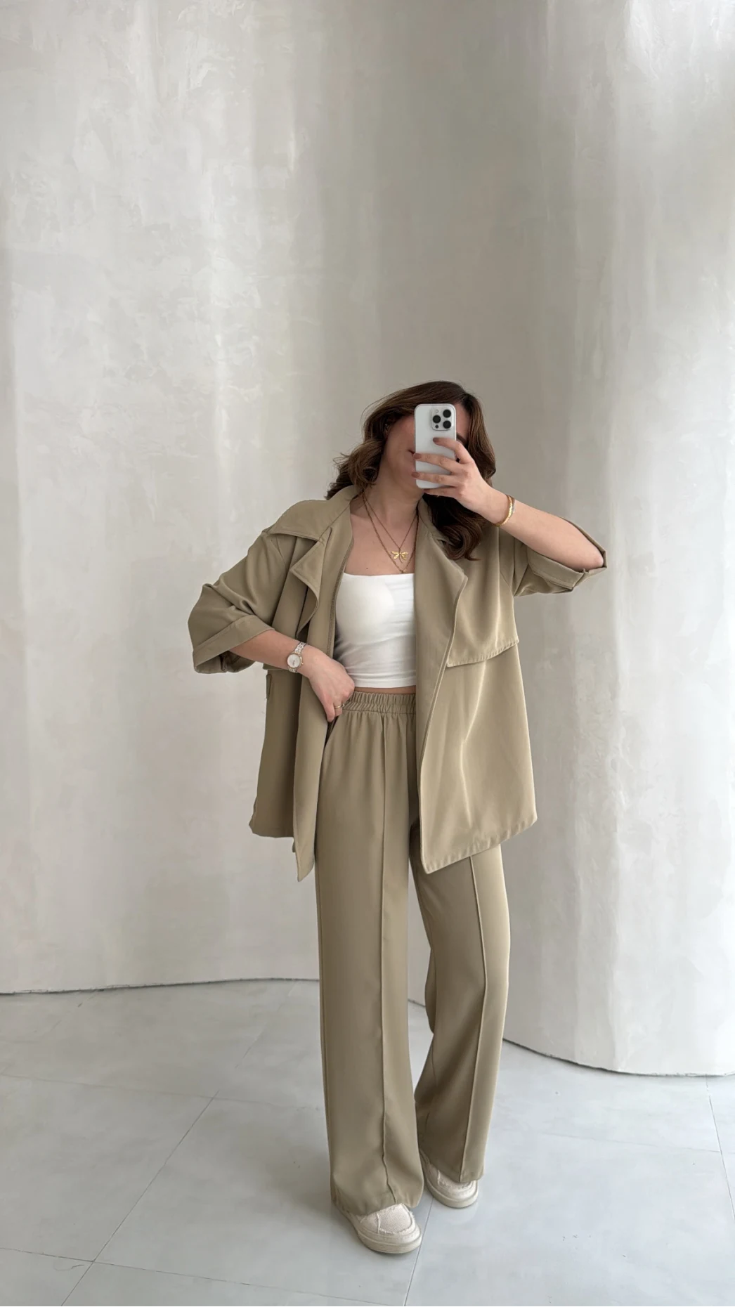 Dökümlü Beli Bağlamalı Takım - Haki - Kod: 8099