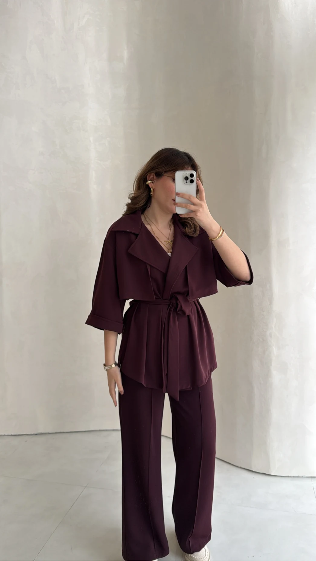 Dökümlü Beli Bağlamalı Takım - Bordo - Kod: 8099