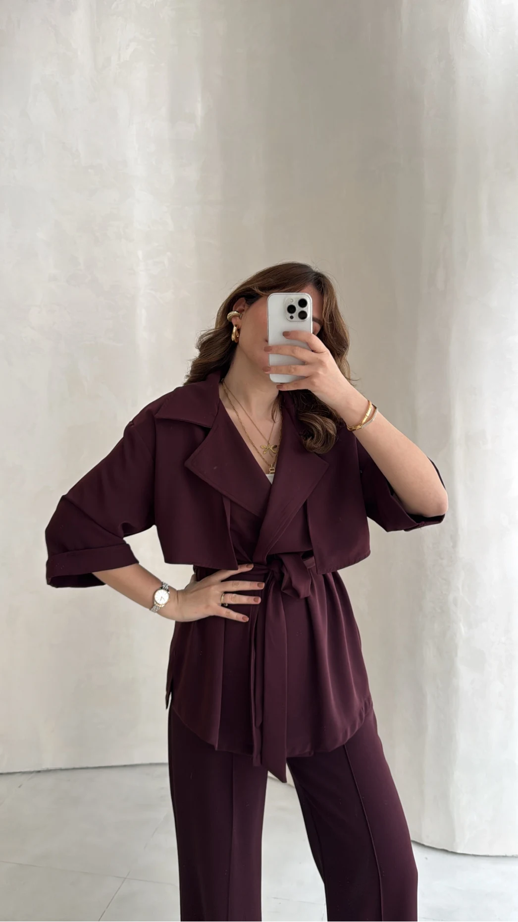 Dökümlü Beli Bağlamalı Takım - Bordo - Kod: 8099