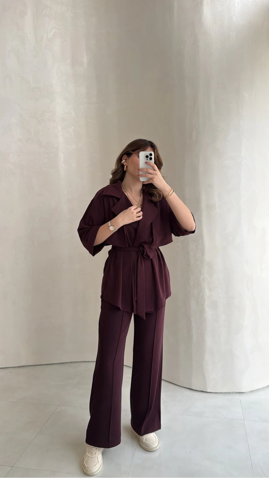 Dökümlü Beli Bağlamalı Takım - Bordo - Kod: 8099