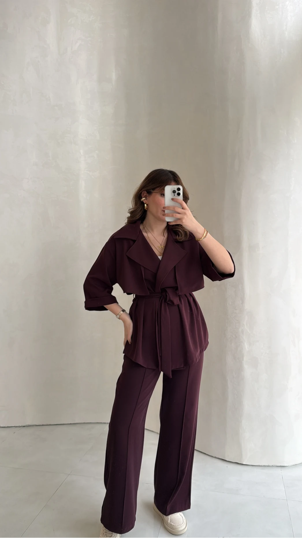 Dökümlü Beli Bağlamalı Takım - Bordo - Kod: 8099