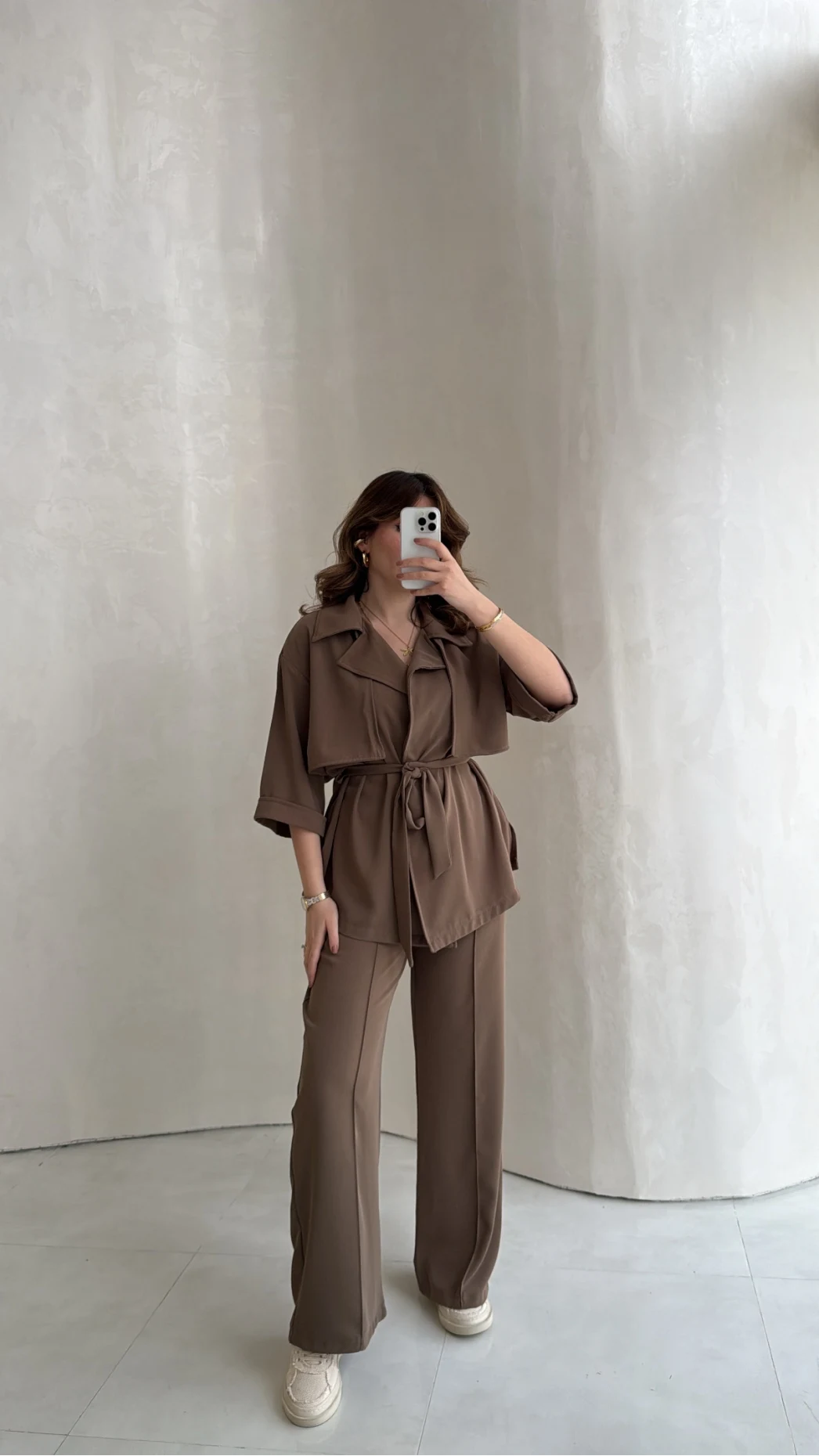 Dökümlü Beli Bağlamalı Takım - Kahve - Kod: 8099