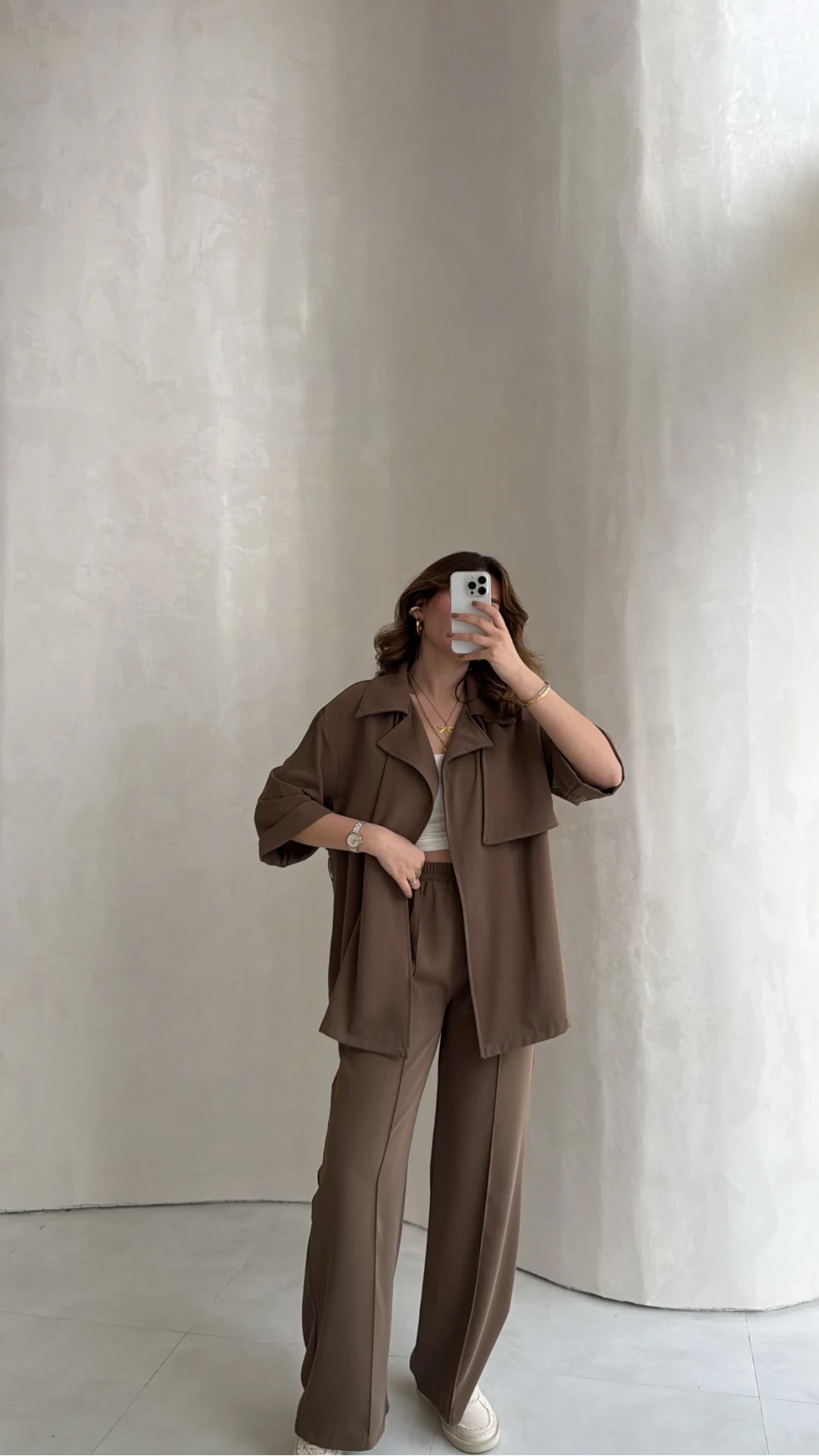 Dökümlü Beli Bağlamalı Takım - Kahve - Kod: 8099