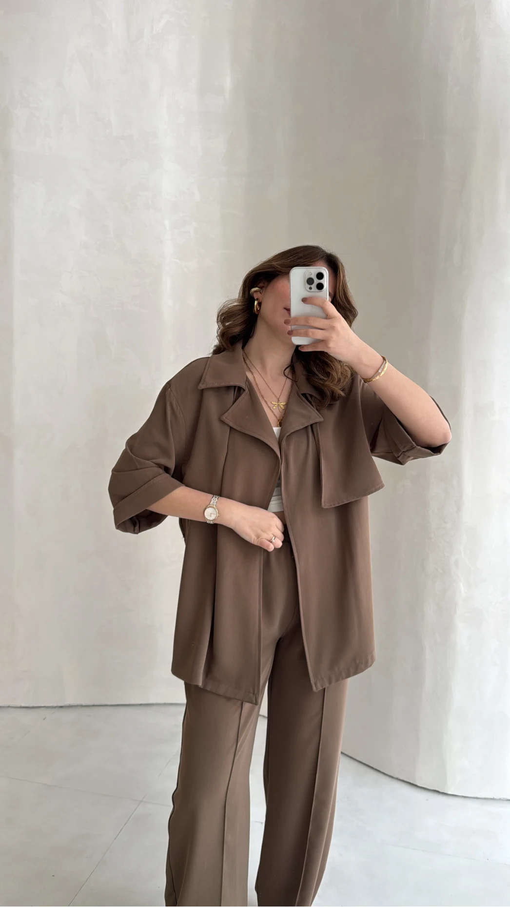 Dökümlü Beli Bağlamalı Takım - Kahve - Kod: 8099