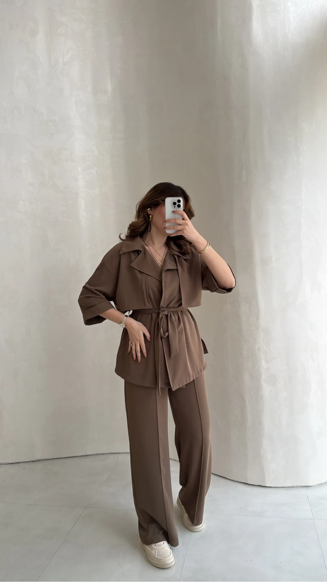 Dökümlü Beli Bağlamalı Takım - Kahve - Kod: 8099