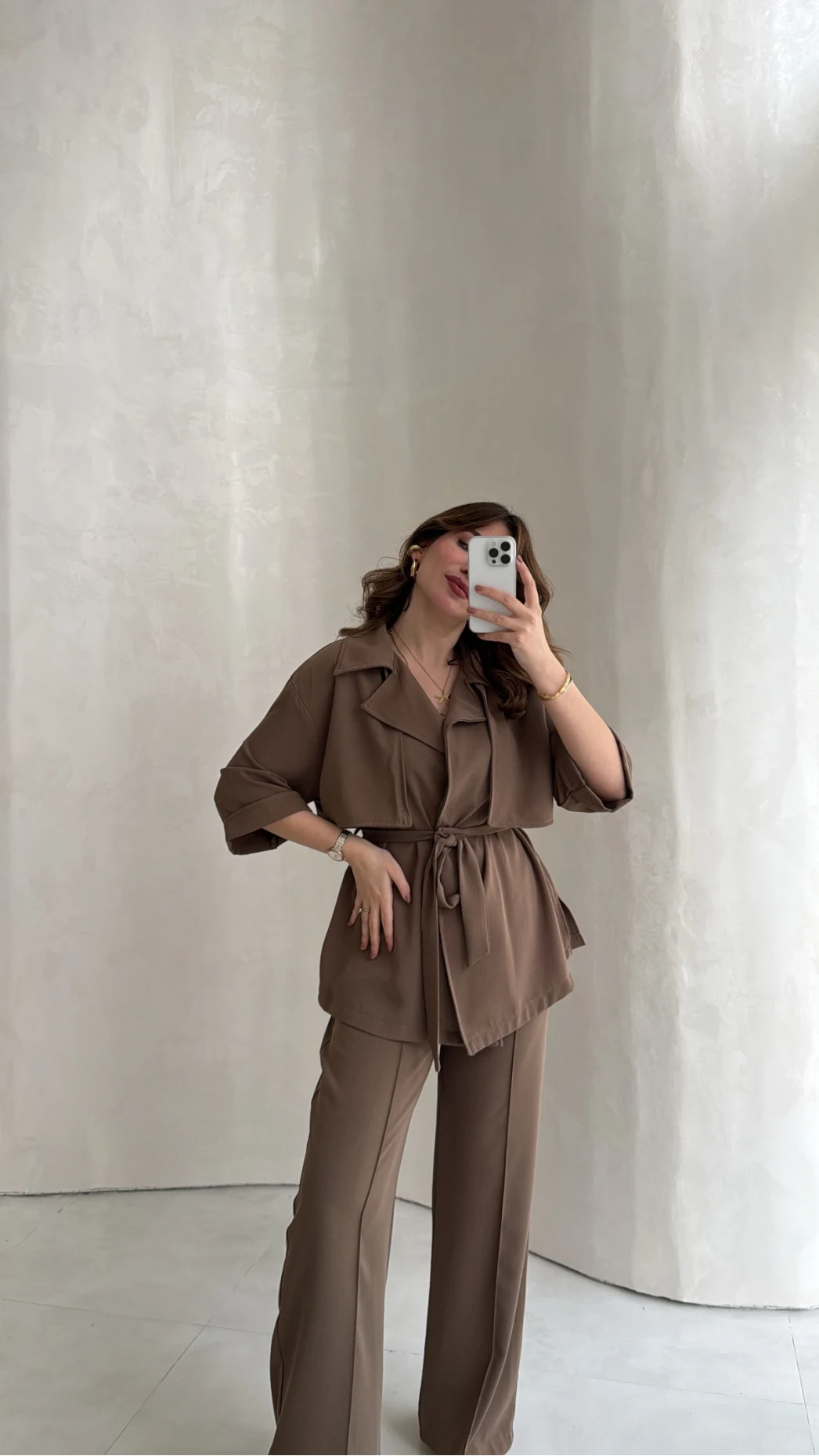 Dökümlü Beli Bağlamalı Takım - Kahve - Kod: 8099