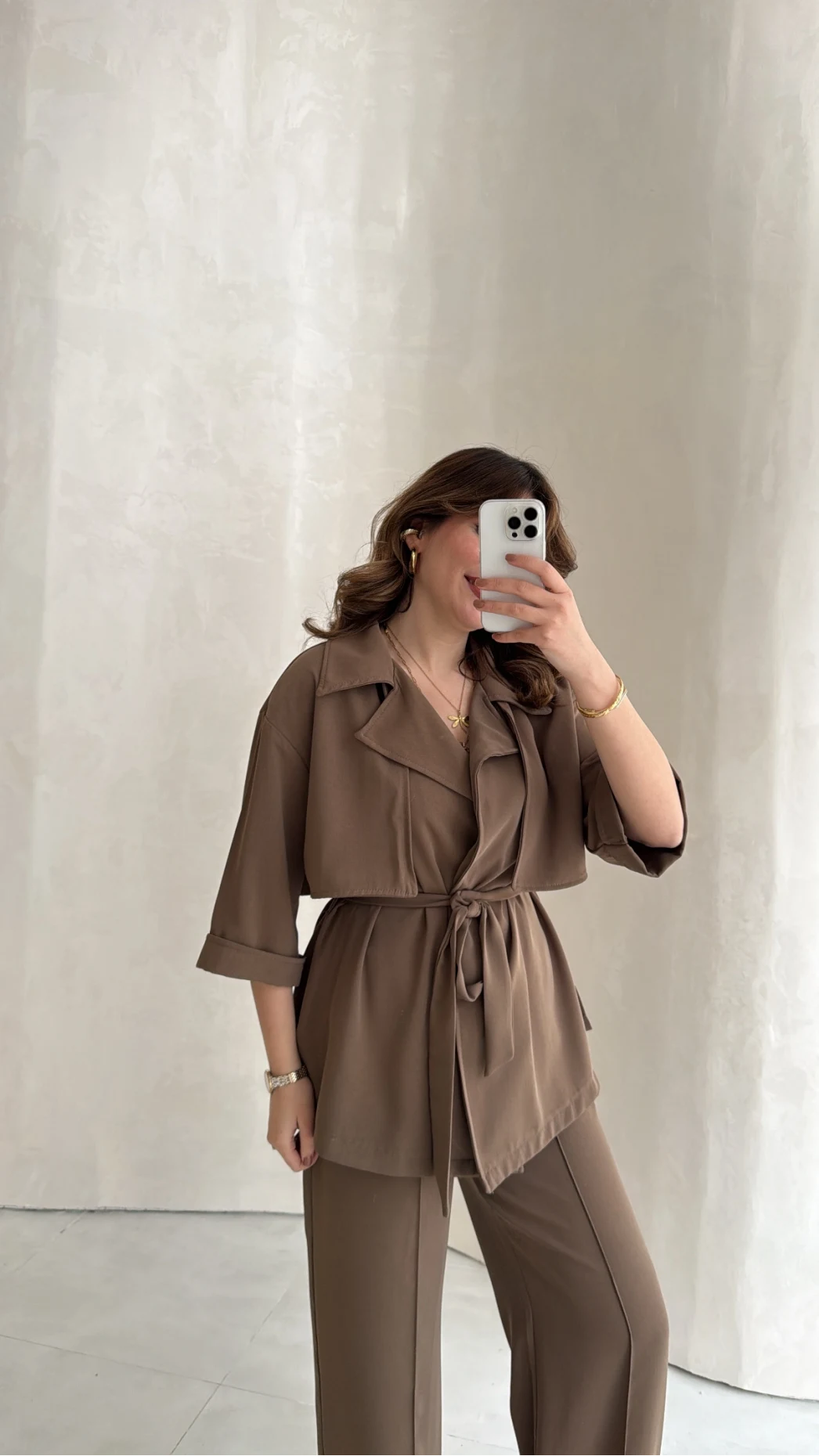Dökümlü Beli Bağlamalı Takım - Kahve - Kod: 8099