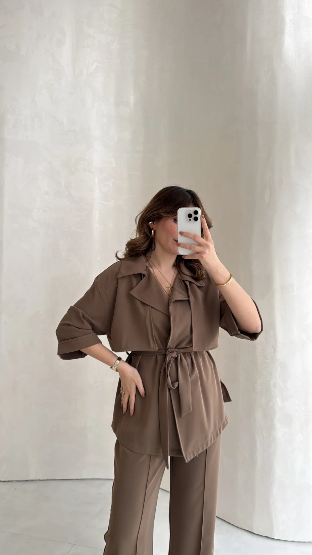 Dökümlü Beli Bağlamalı Takım - Kahve - Kod: 8099