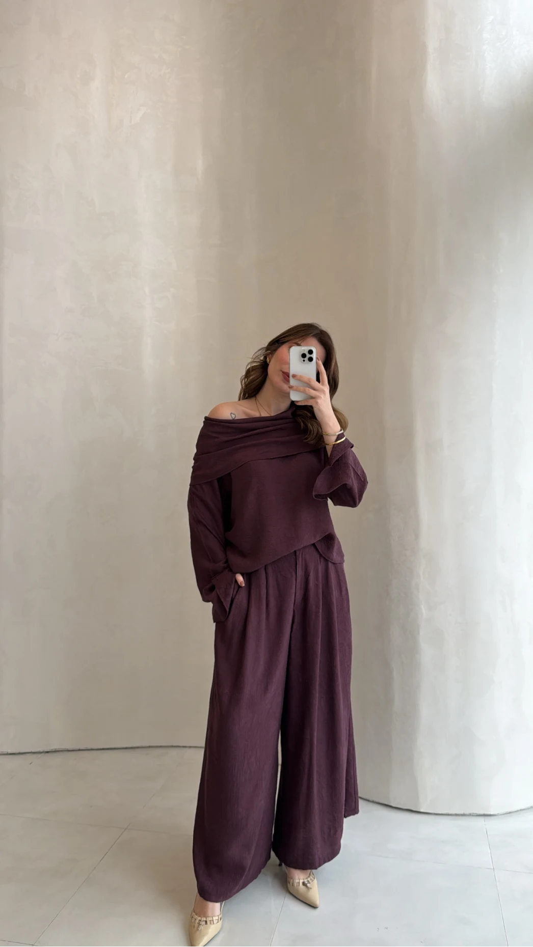 Madonna Yaka Bluz Geniş Paça Pantolon Takım - Mürdüm - Kod: 0957