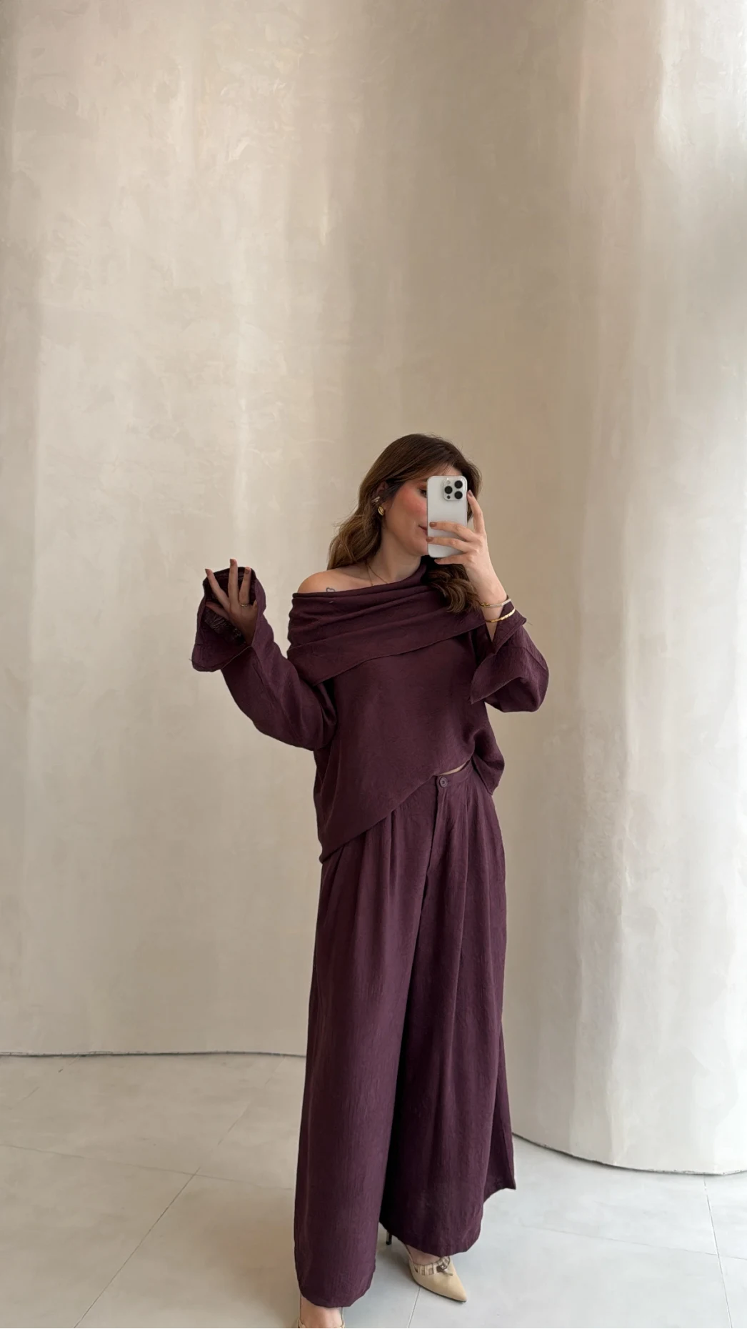 Madonna Yaka Bluz Geniş Paça Pantolon Takım - Mürdüm - Kod: 0957