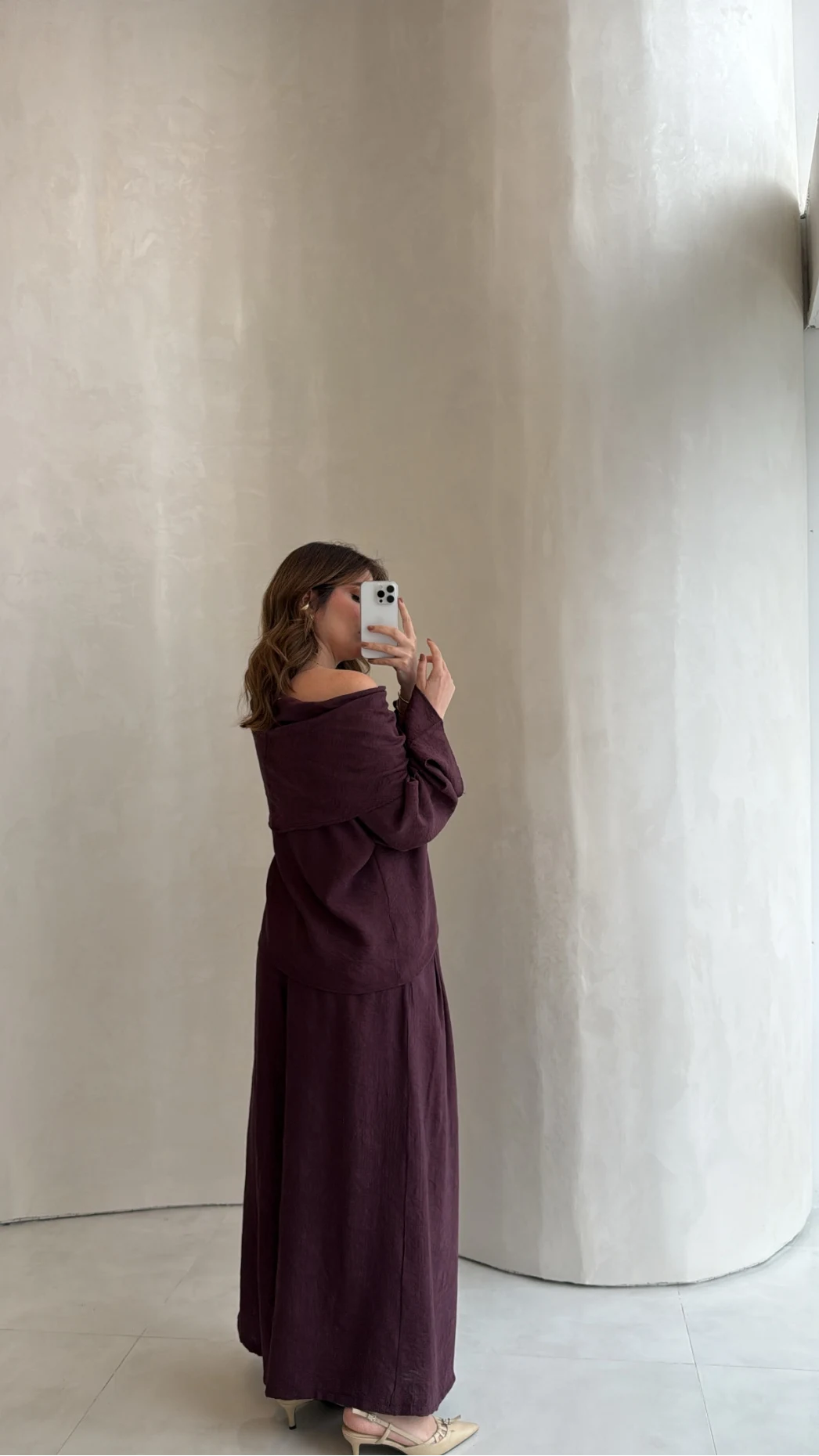 Madonna Yaka Bluz Geniş Paça Pantolon Takım - Mürdüm - Kod: 0957