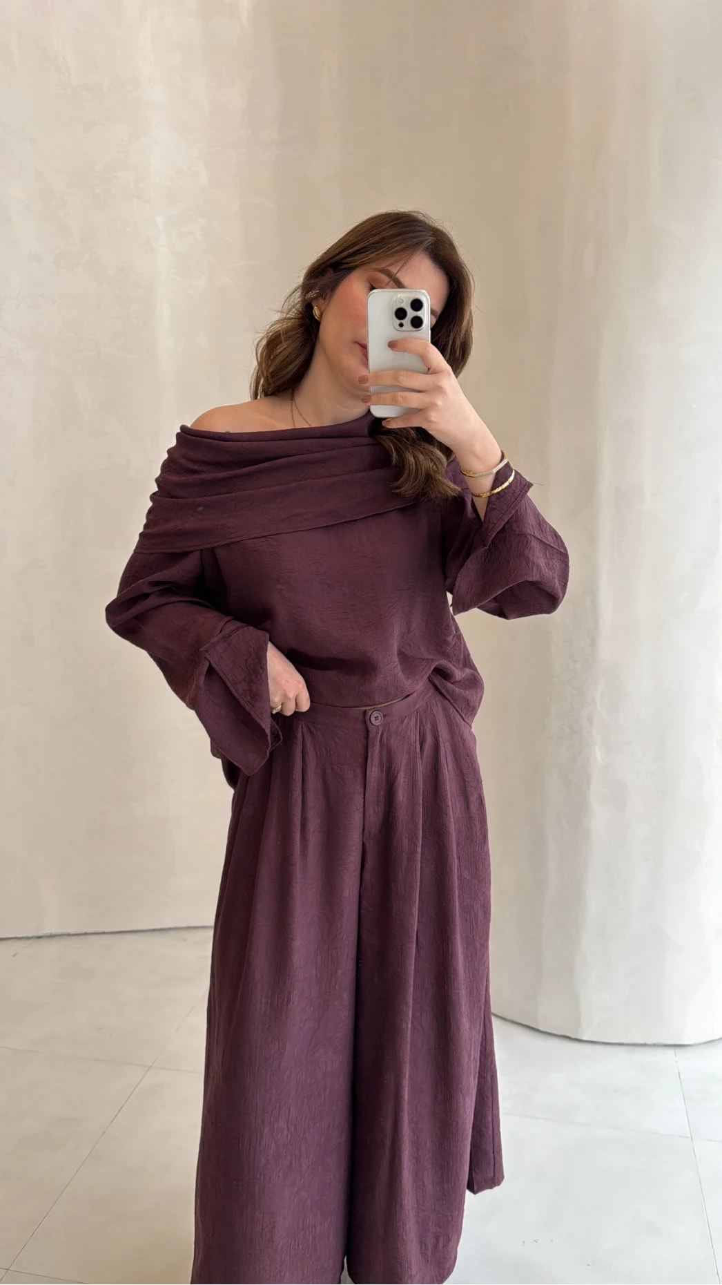 Madonna Yaka Bluz Geniş Paça Pantolon Takım - Mürdüm - Kod: 0957