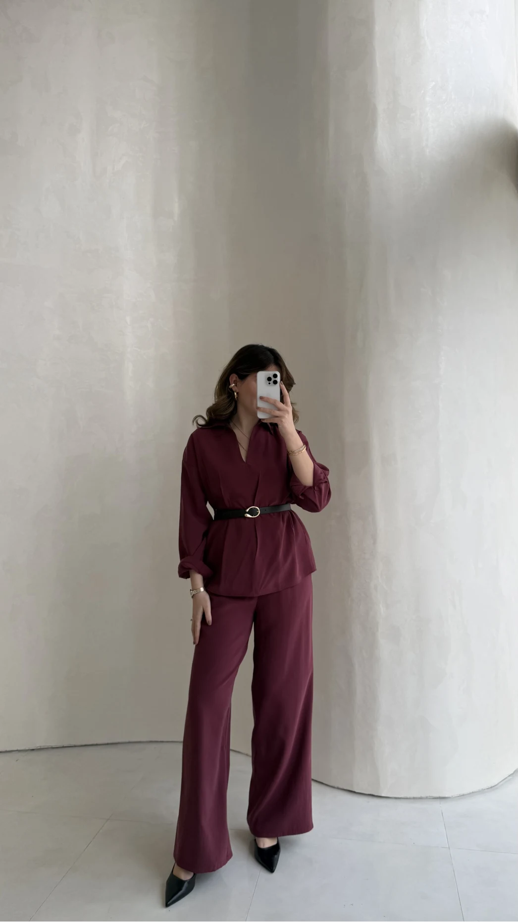 Madonna Yaka Bluz Geniş Paça Pantolon Takım - Mürdüm - Kod: 0957