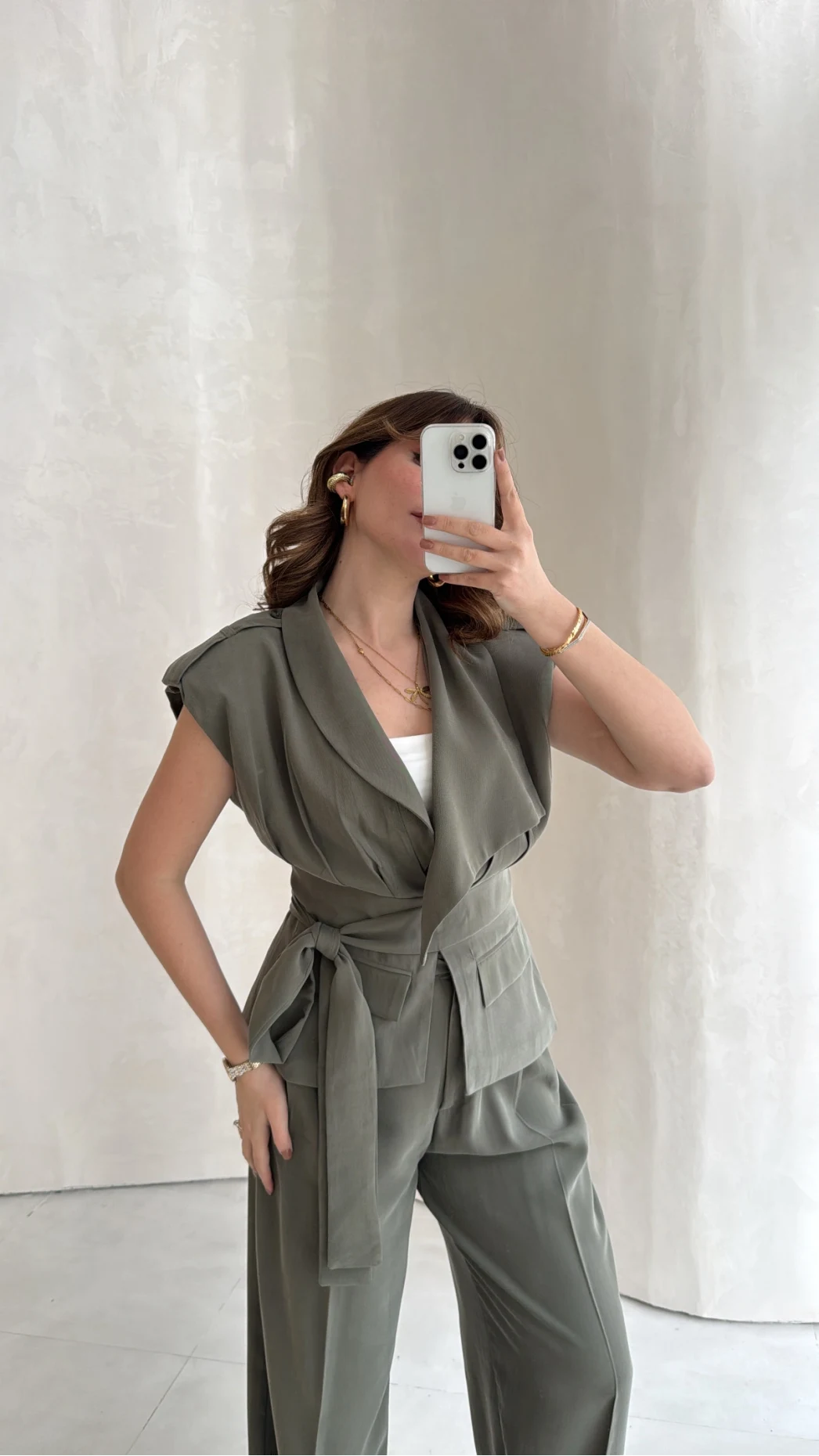 Seren Vatkalı Bağlamalı Yelek Pantolon Takım - Haki - Kod: 580769