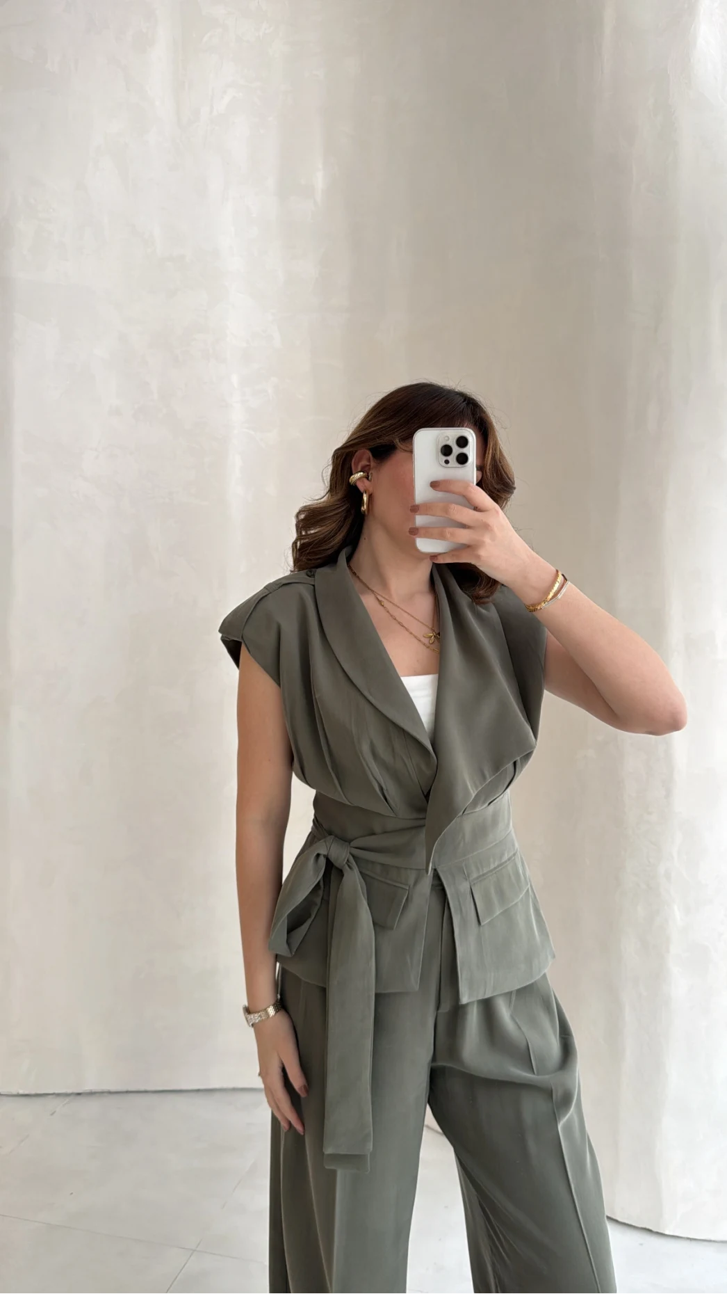 Seren Vatkalı Bağlamalı Yelek Pantolon Takım - Haki - Kod: 580769