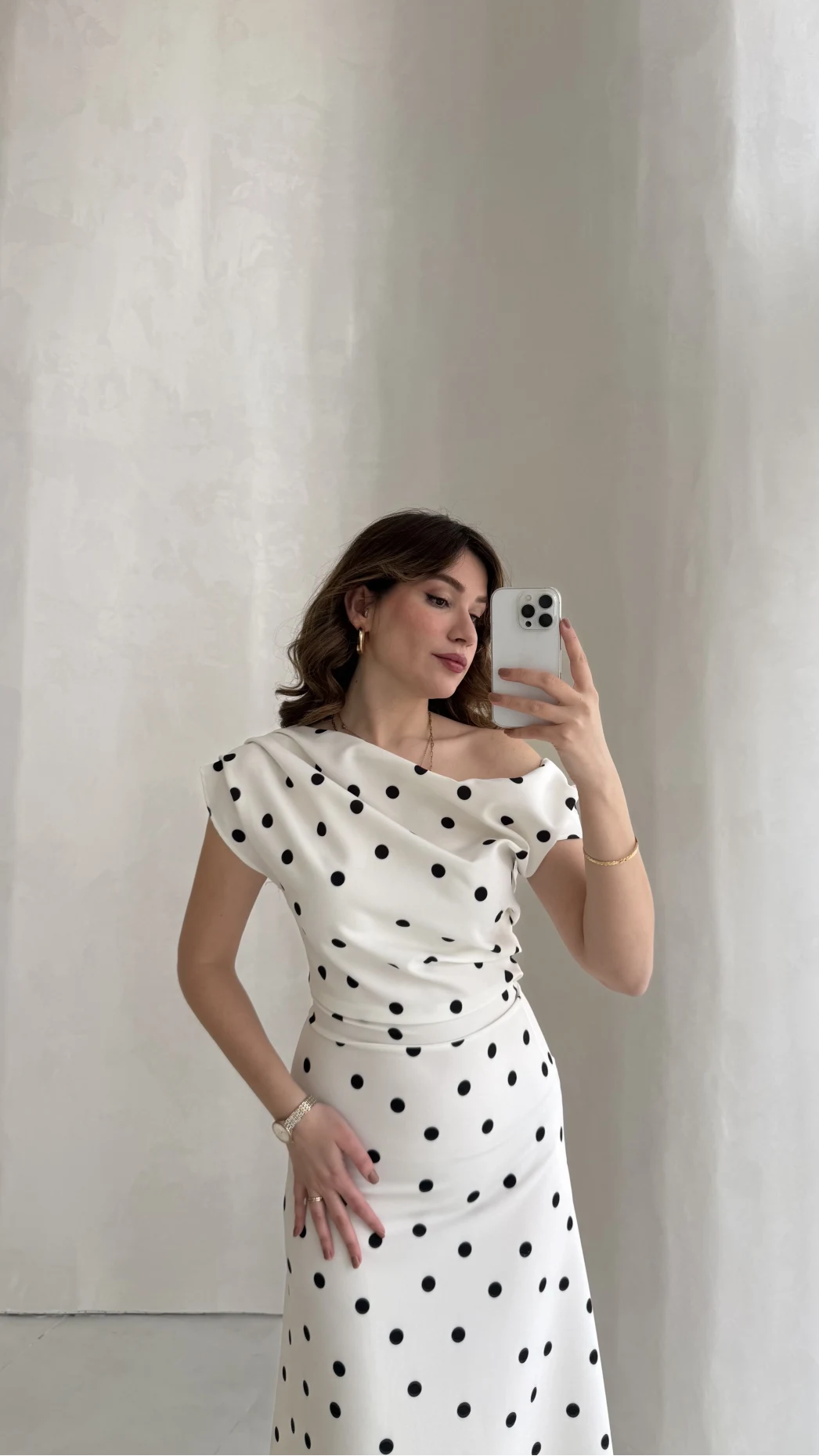 Saskia Bel Detay Puantiye Desenli Kloş Elbise - Ekru - Kod: 8708