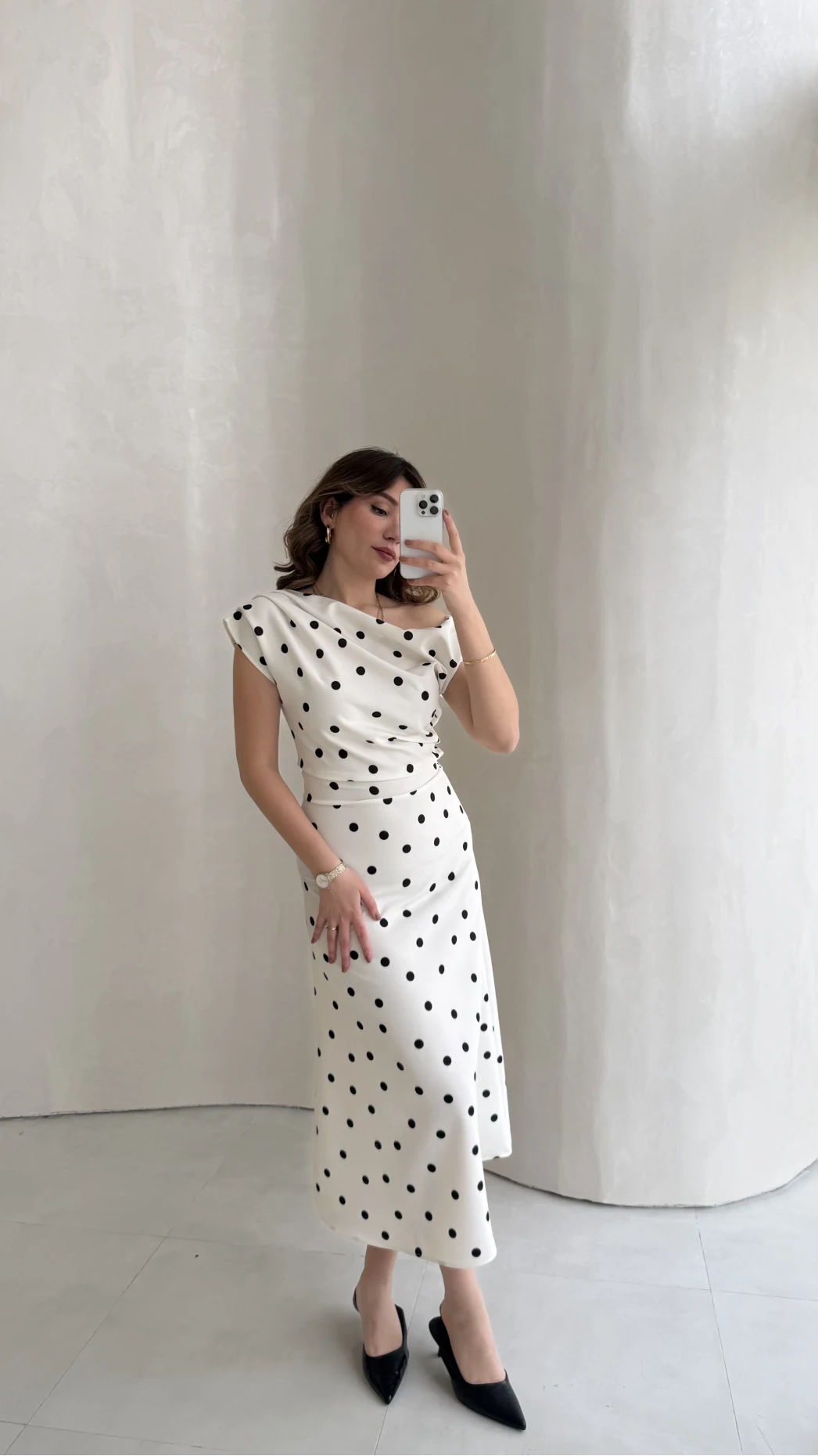 Saskia Bel Detay Puantiye Desenli Kloş Elbise - Ekru - Kod: 8708