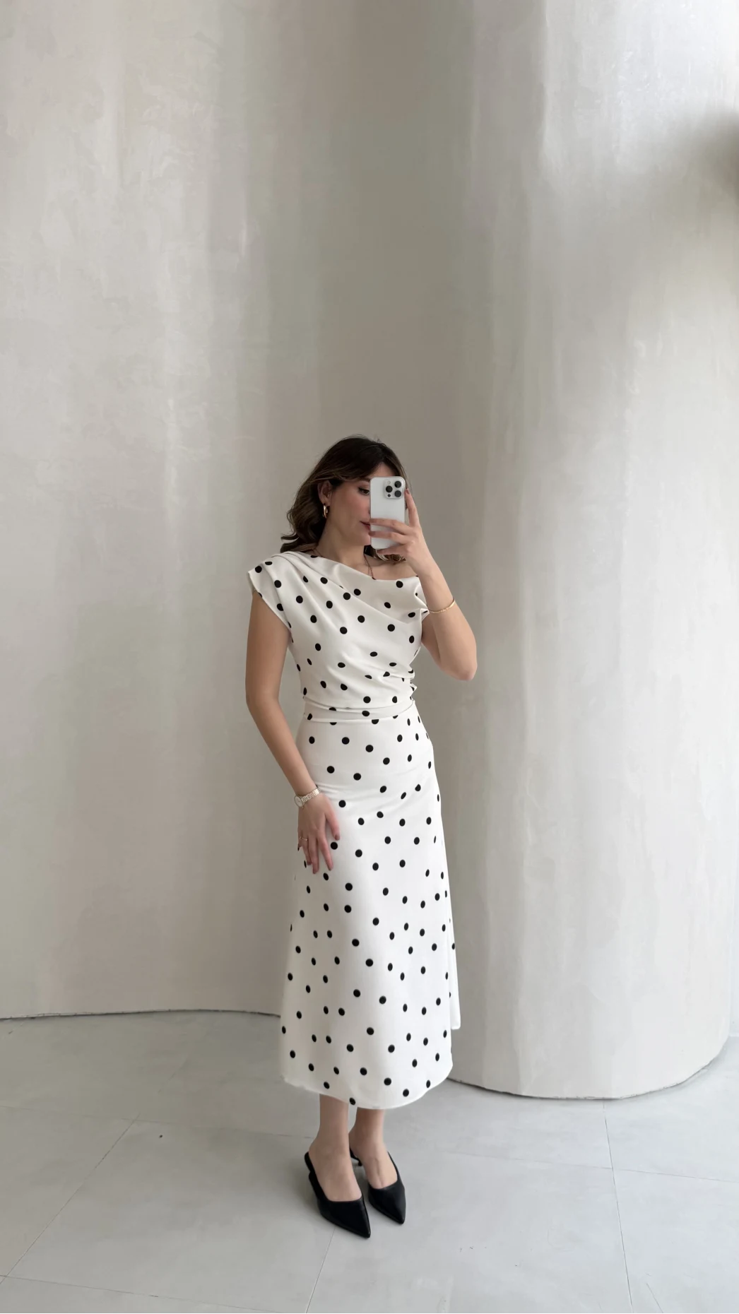 Saskia Bel Detay Puantiye Desenli Kloş Elbise - Ekru - Kod: 8708