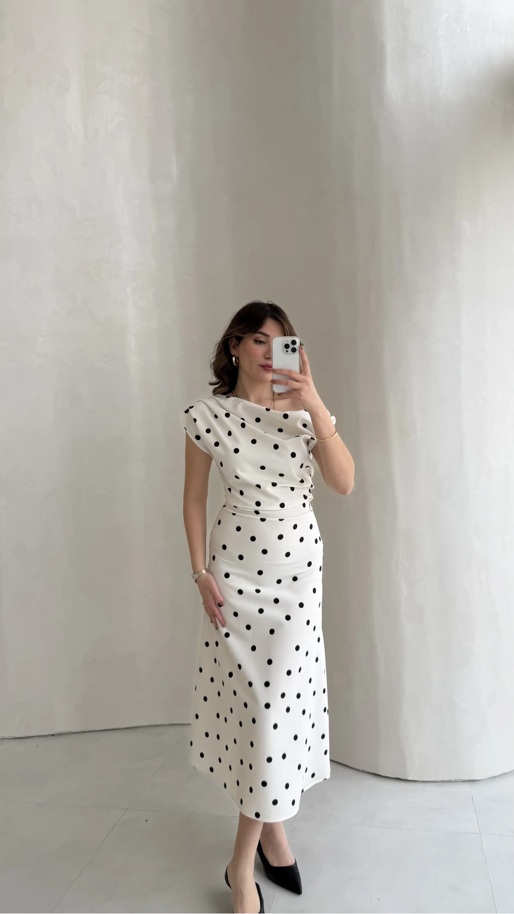 Saskia Bel Detay Puantiye Desenli Kloş Elbise - Ekru - Kod: 8708