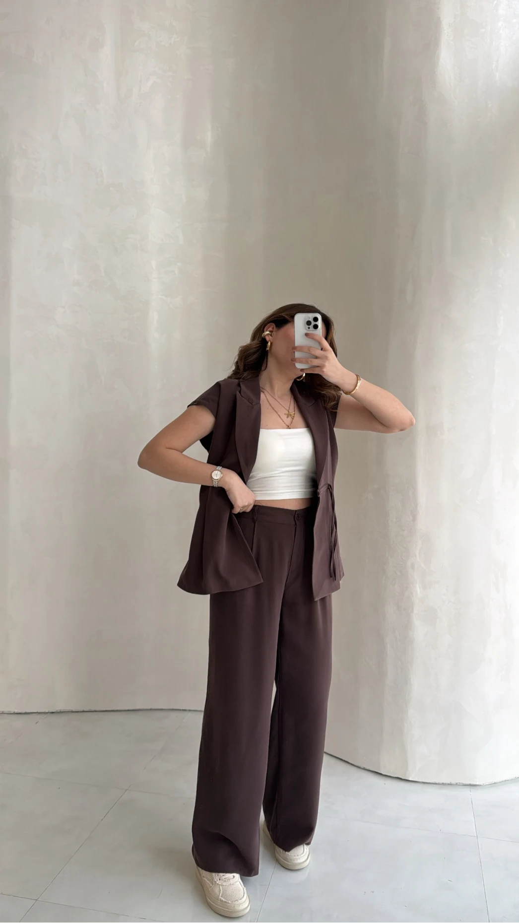 Diagonel Yelek Pantolon Takım - Kahverengi - Kod: 8106