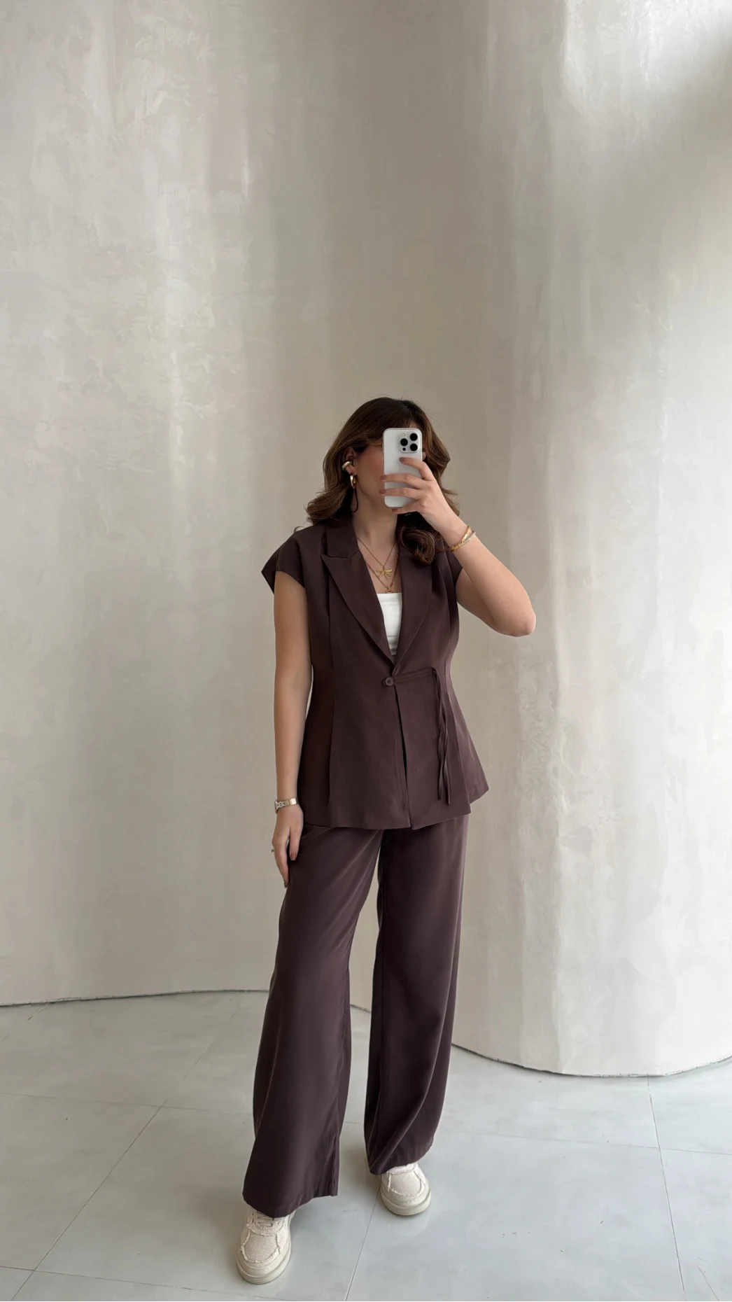 Diagonel Yelek Pantolon Takım - Kahverengi - Kod: 8106