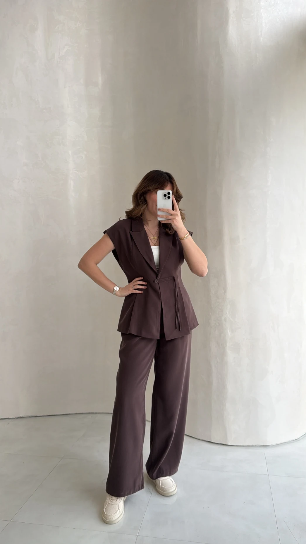 Diagonel Yelek Pantolon Takım - Kahverengi - Kod: 8106