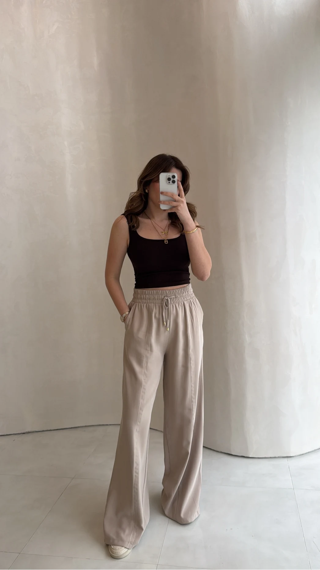 Dökümlü Bağcıklı Beli Lastikli Pantolon - Taş - Kod: 0893