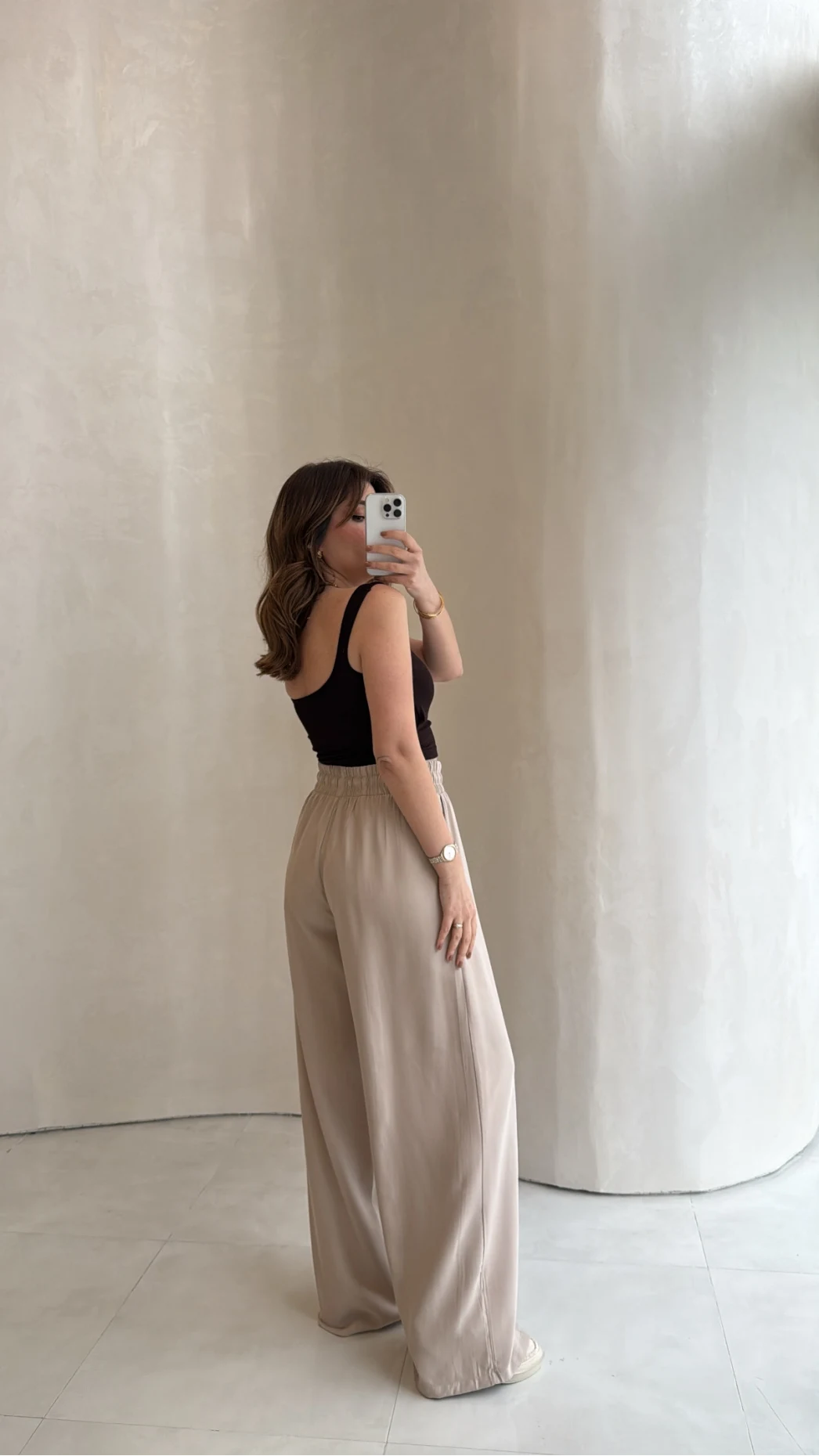 Dökümlü Bağcıklı Beli Lastikli Pantolon - Taş - Kod: 0893