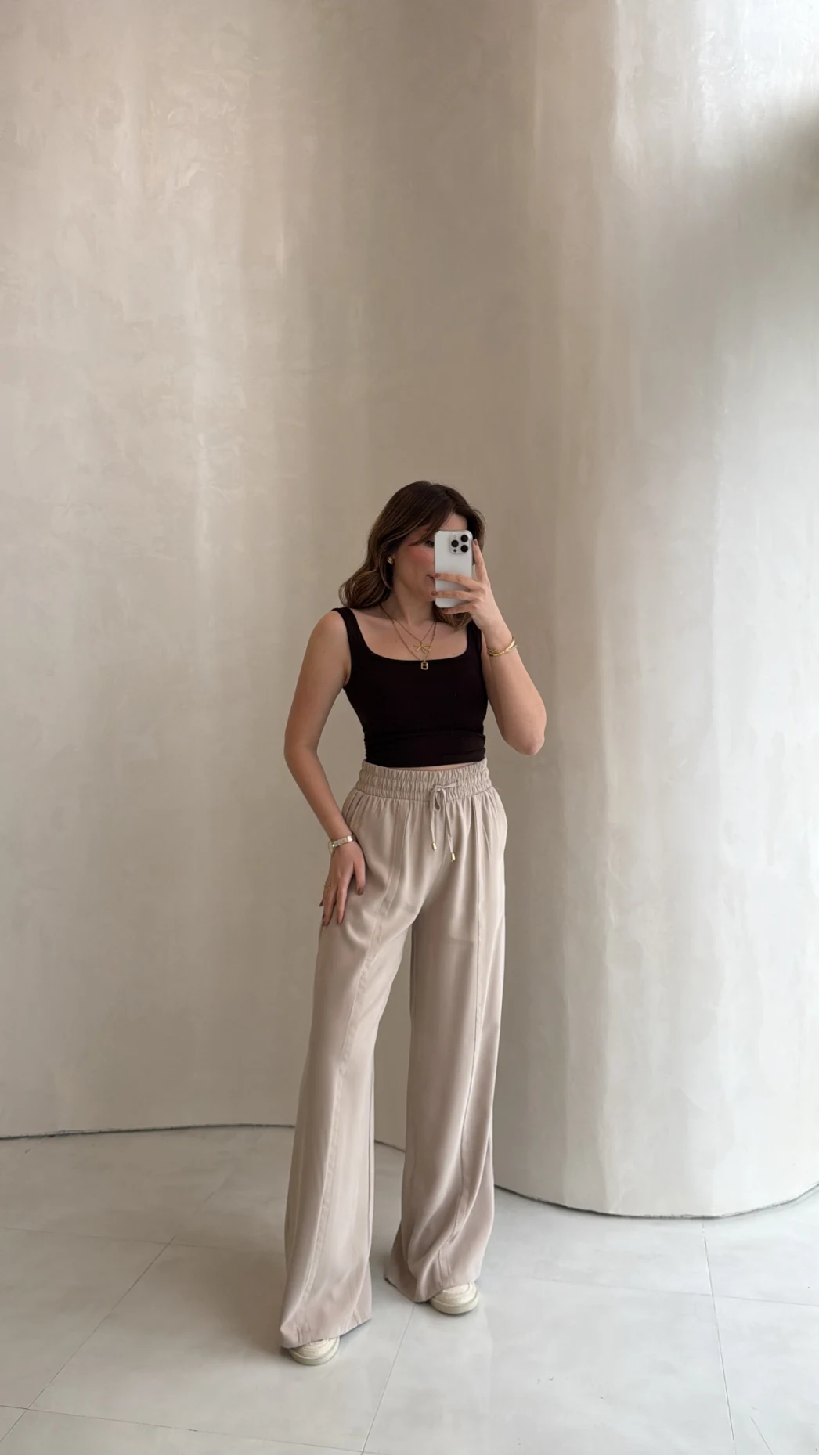 Dökümlü Bağcıklı Beli Lastikli Pantolon - Taş - Kod: 0893