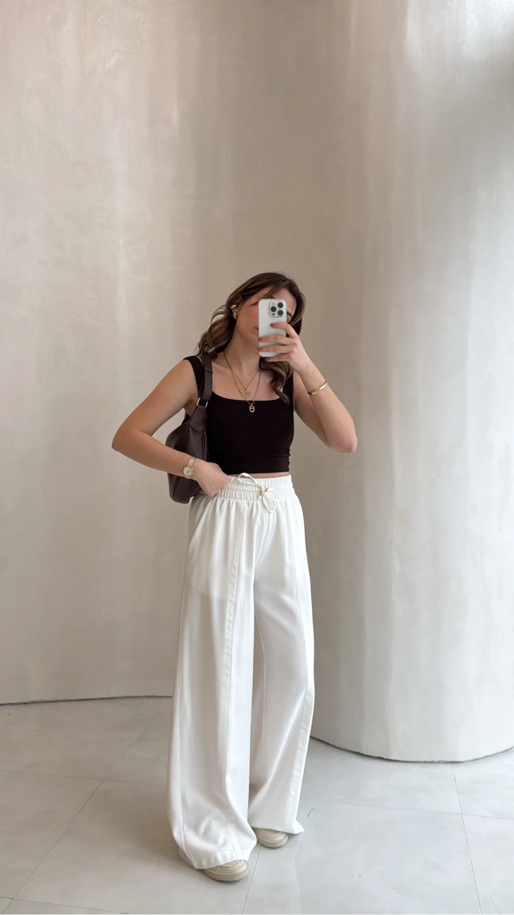 Dökümlü Bağcıklı Beli Lastikli Pantolon - Ekru - Kod: 0893