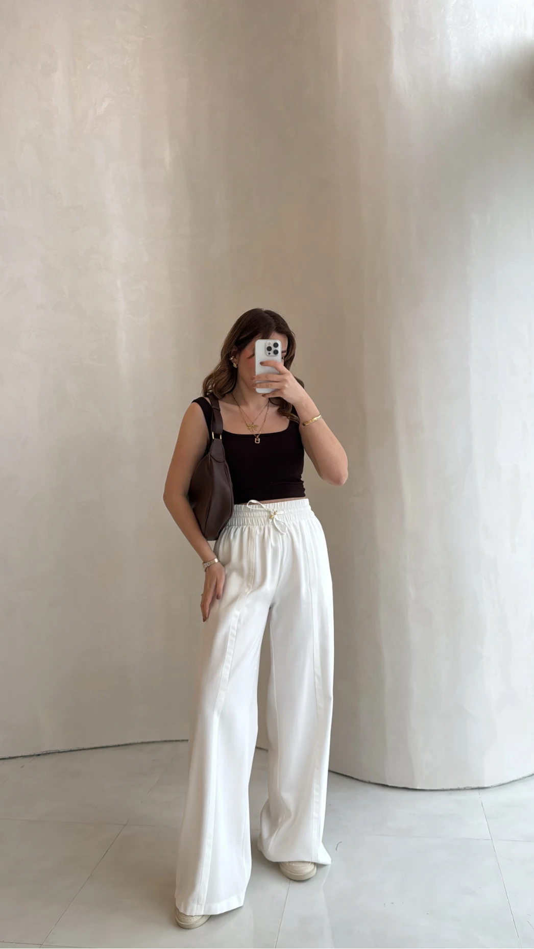 Dökümlü Bağcıklı Beli Lastikli Pantolon - Ekru - Kod: 0893