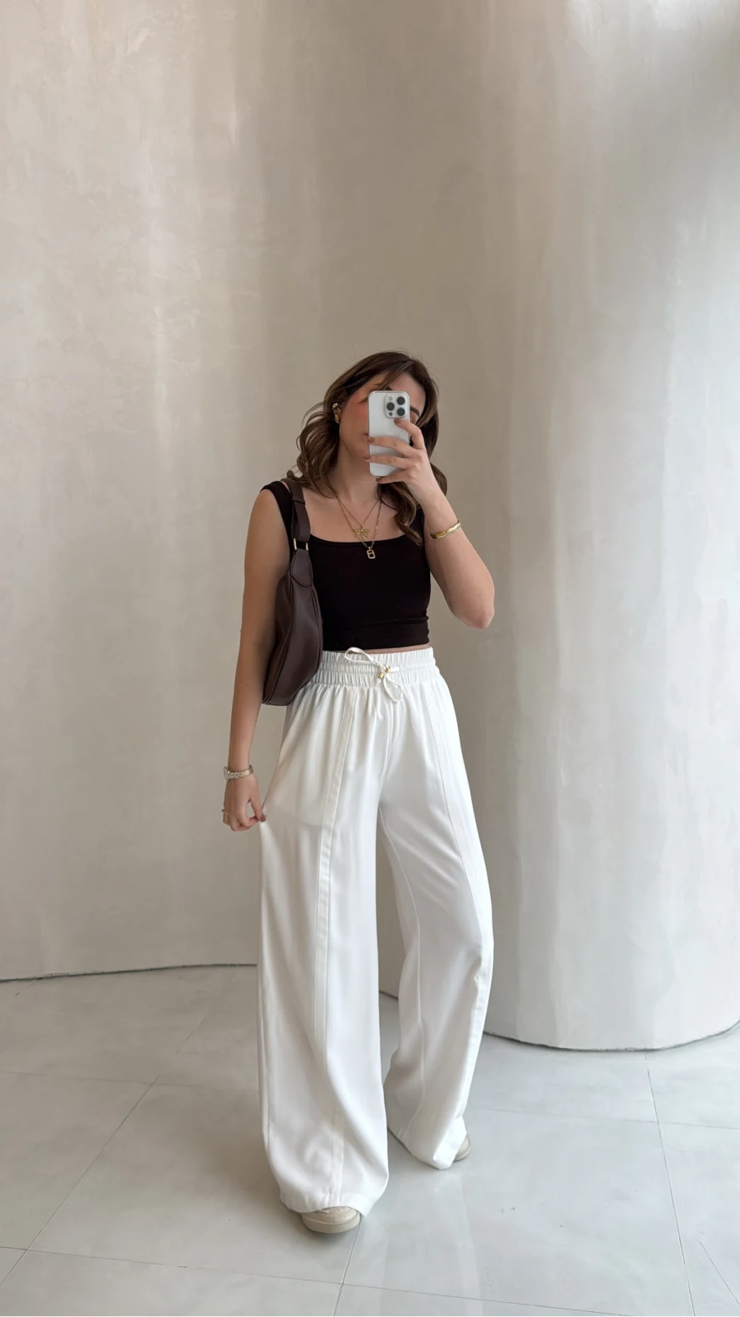 Dökümlü Bağcıklı Beli Lastikli Pantolon - Ekru - Kod: 0893