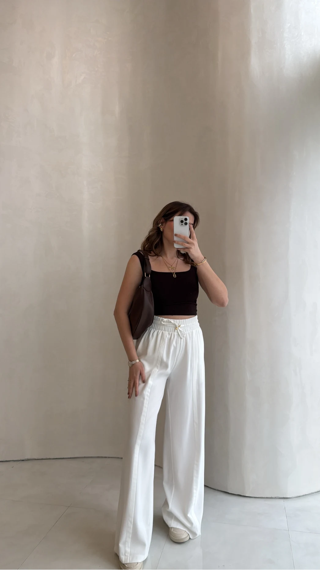 Dökümlü Bağcıklı Beli Lastikli Pantolon - Ekru - Kod: 0893