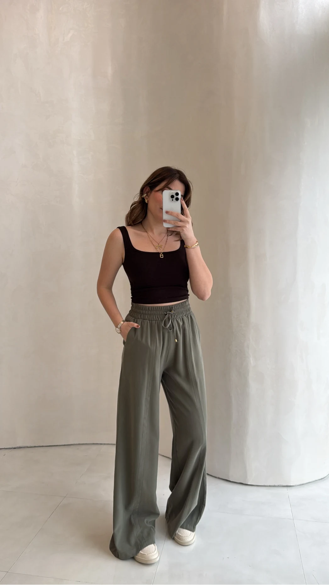 Dökümlü Bağcıklı Beli Lastikli Pantolon - Haki - Kod: 0893