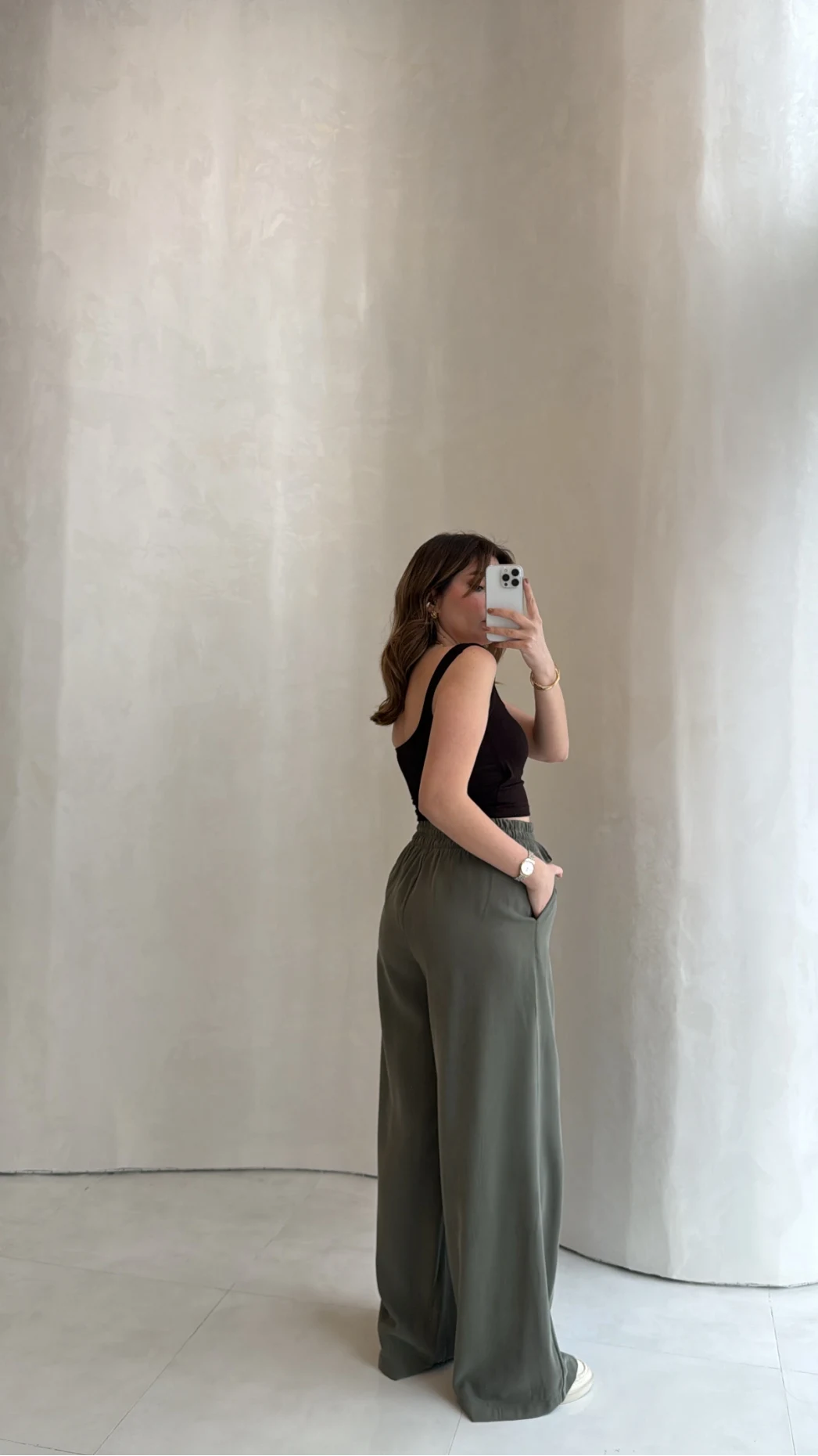 Dökümlü Bağcıklı Beli Lastikli Pantolon - Haki - Kod: 0893