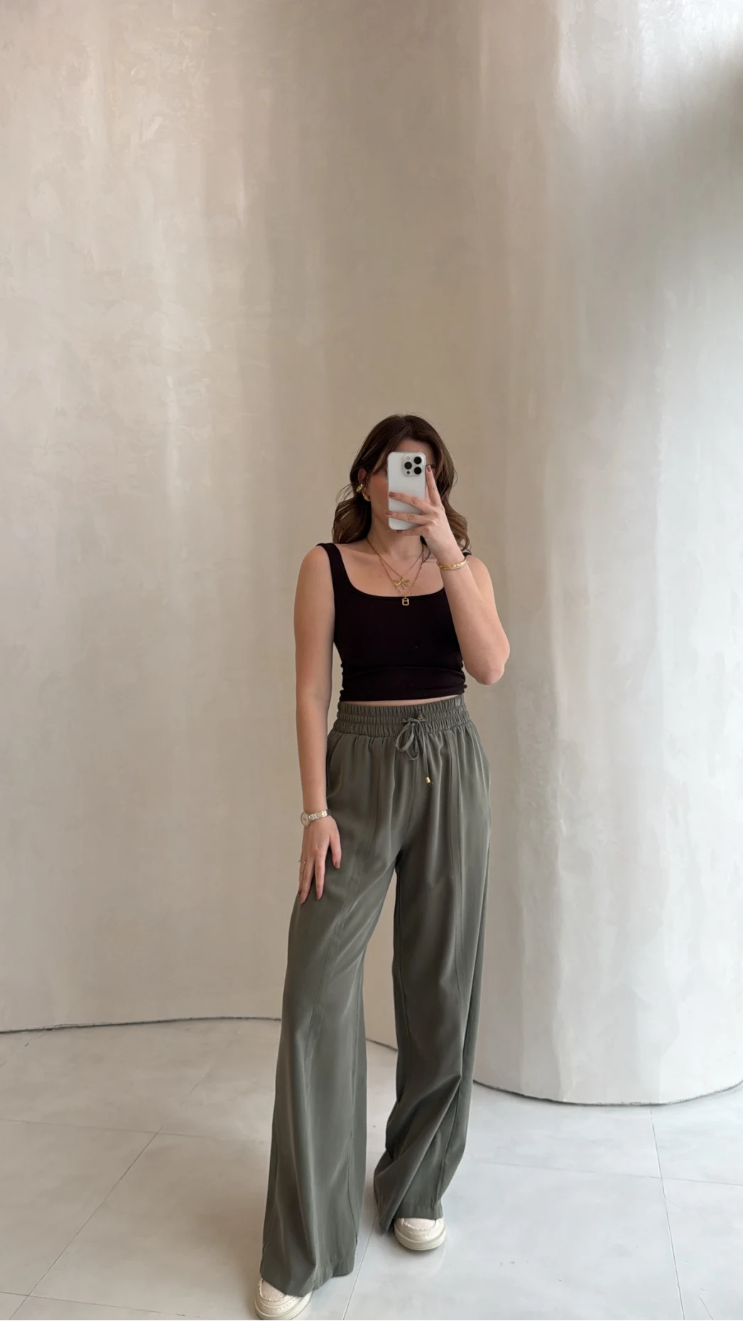 Dökümlü Bağcıklı Beli Lastikli Pantolon - Haki - Kod: 0893