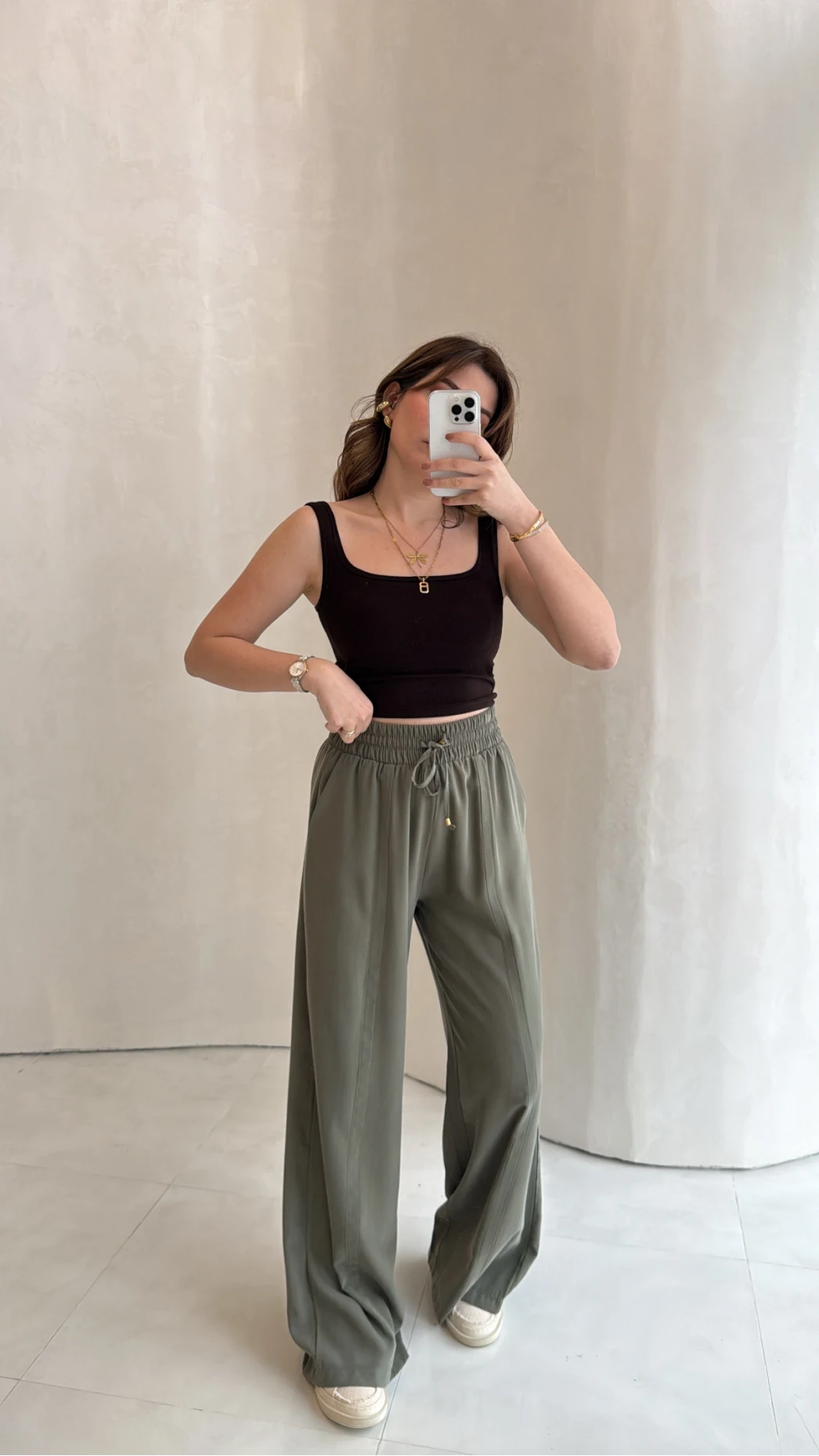 Dökümlü Bağcıklı Beli Lastikli Pantolon - Haki - Kod: 0893