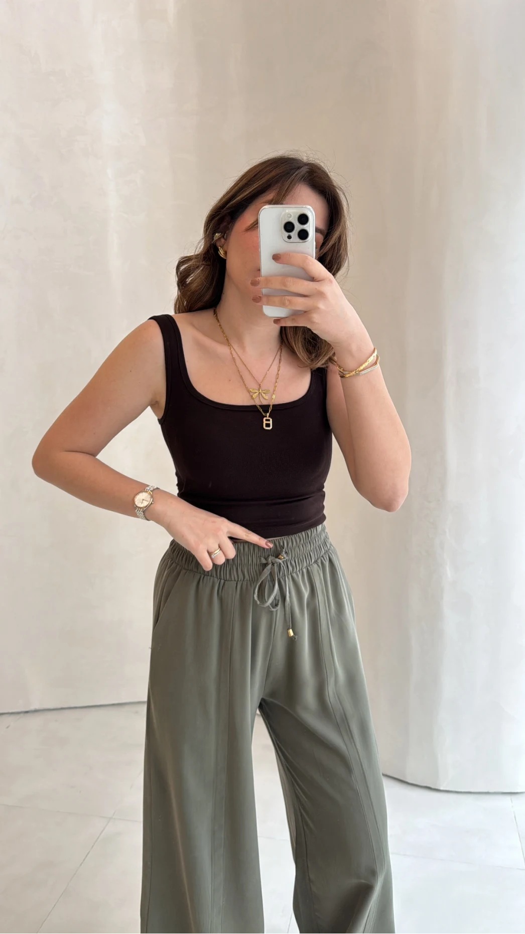 Dökümlü Bağcıklı Beli Lastikli Pantolon - Haki - Kod: 0893