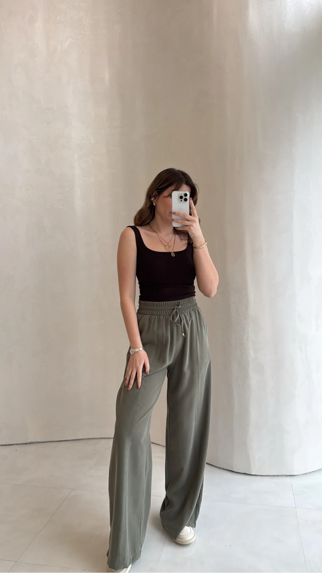 Dökümlü Bağcıklı Beli Lastikli Pantolon - Haki - Kod: 0893