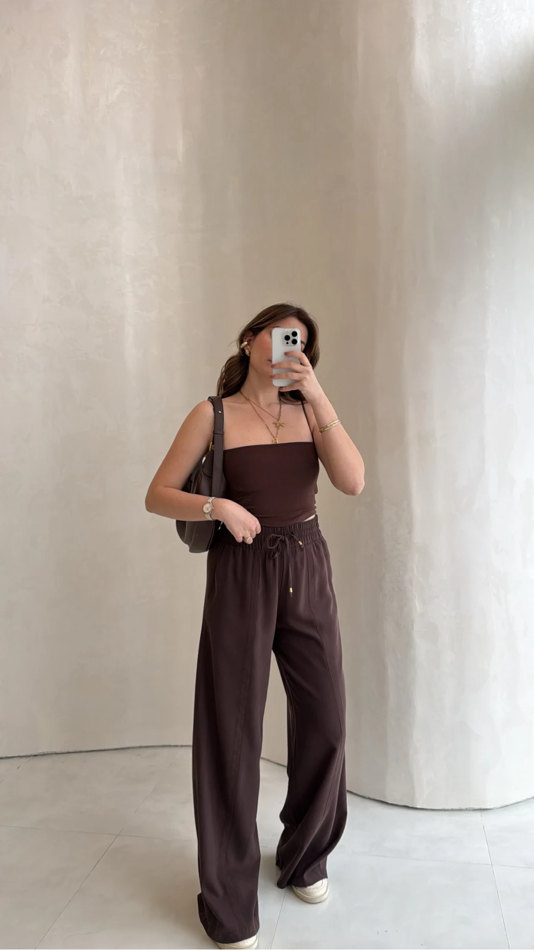 Dökümlü Bağcıklı Beli Lastikli Pantolon - Kahve - Kod: 0893