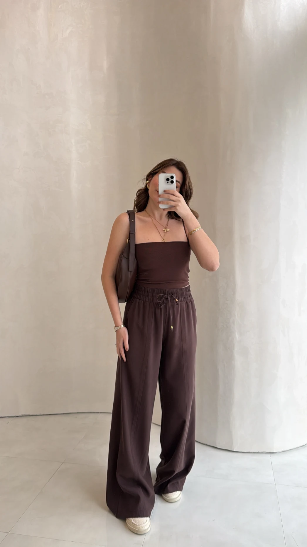 Dökümlü Bağcıklı Beli Lastikli Pantolon - Kahve - Kod: 0893