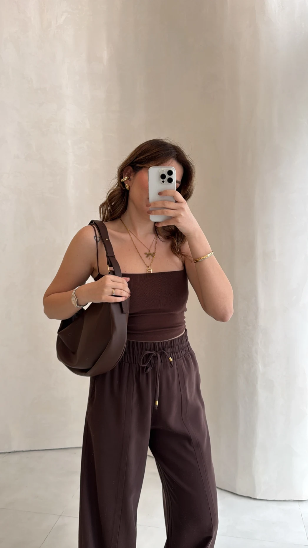 Dökümlü Bağcıklı Beli Lastikli Pantolon - Kahve - Kod: 0893