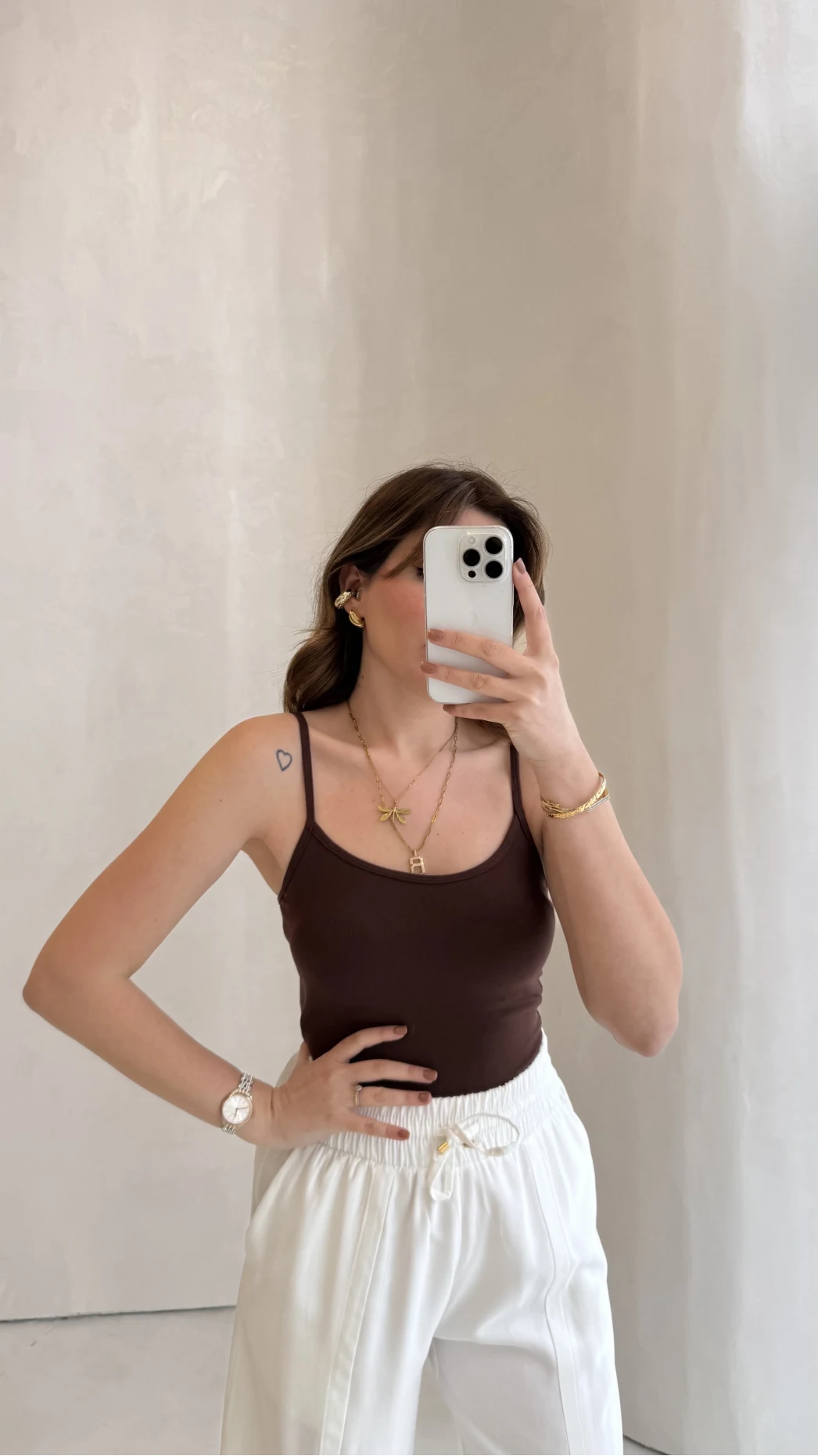 Uzun Göğüs Pedli İnce Askılı Body - Kahverengi