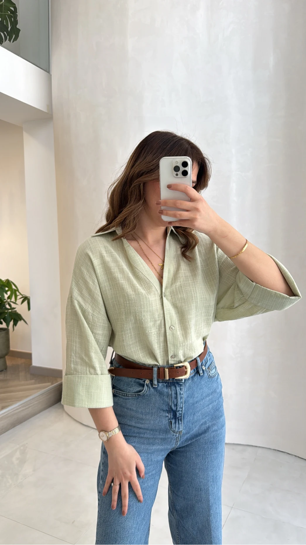 Şantuk Keten Kumaş Gömlek - Çağla - Kod: 2164