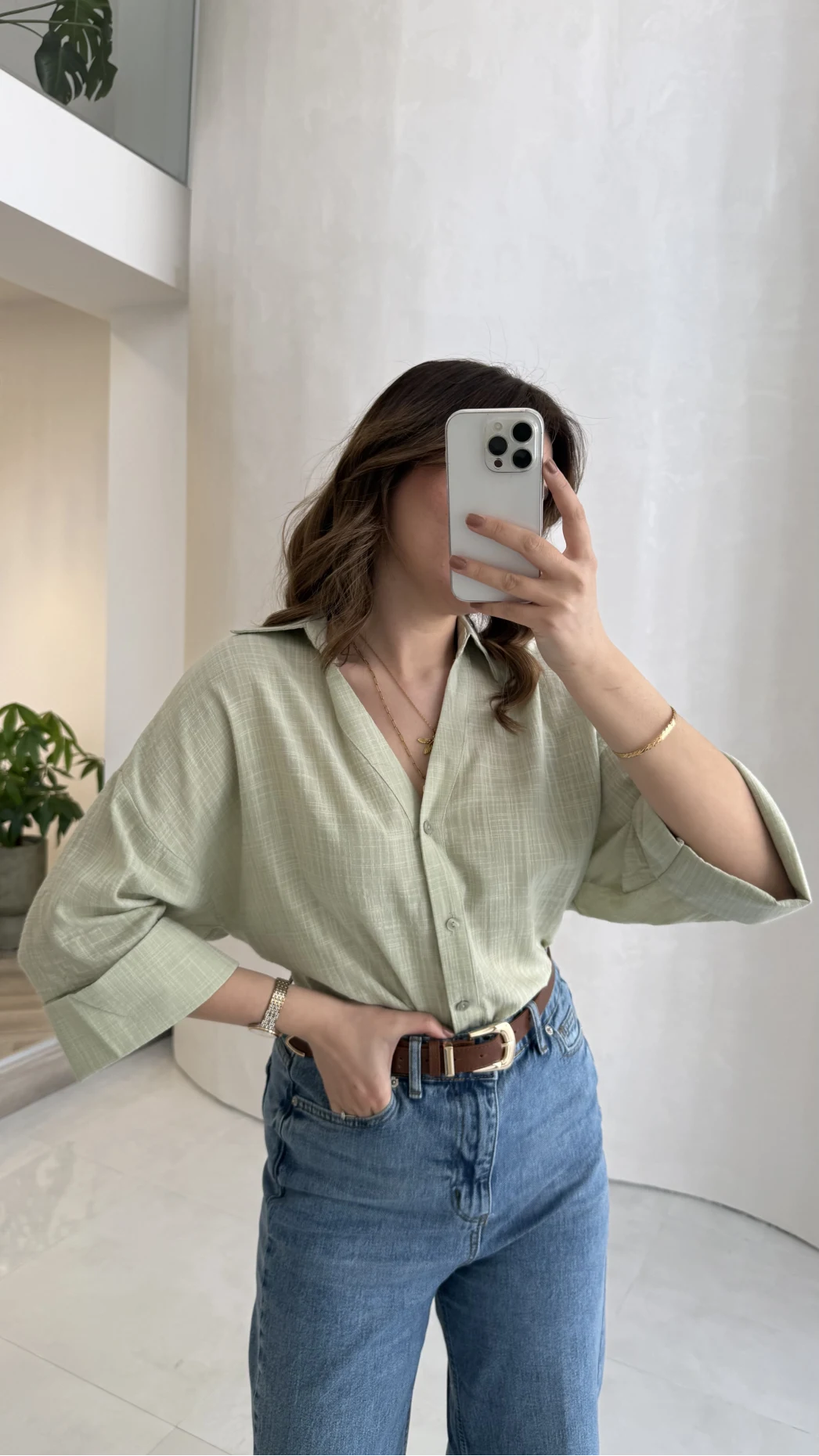 Şantuk Keten Kumaş Gömlek - Çağla - Kod: 2164