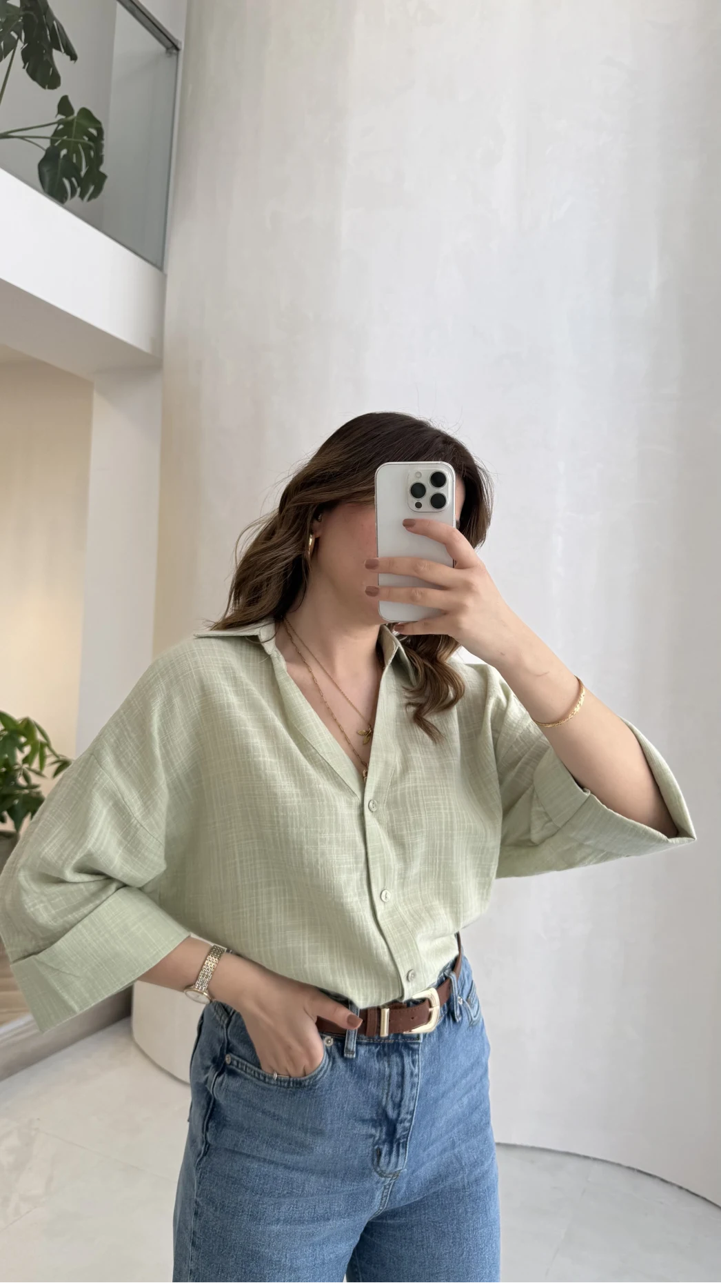 Şantuk Keten Kumaş Gömlek - Çağla - Kod: 2164