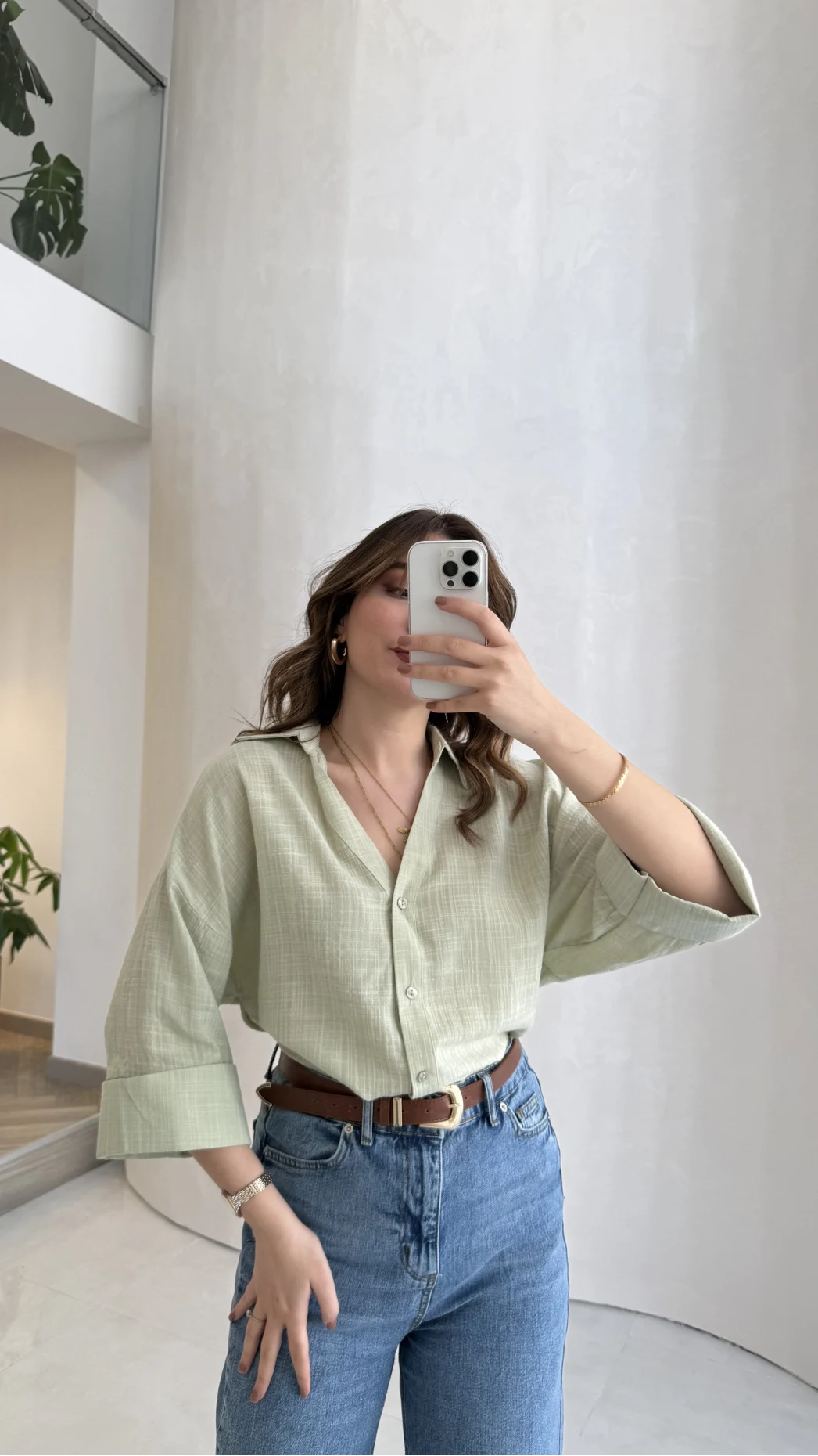 Şantuk Keten Kumaş Gömlek - Çağla - Kod: 2164