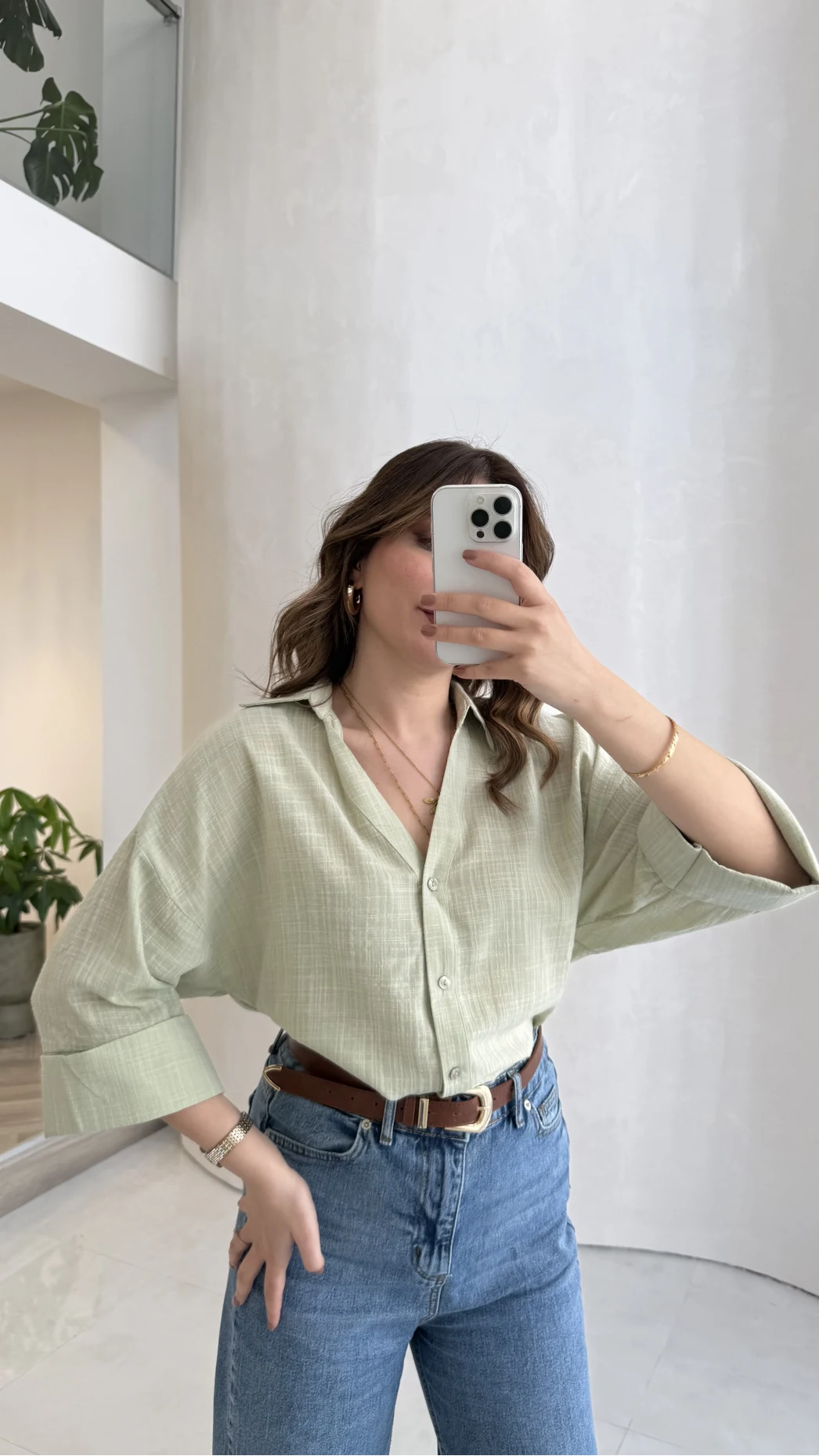 Şantuk Keten Kumaş Gömlek - Çağla - Kod: 2164