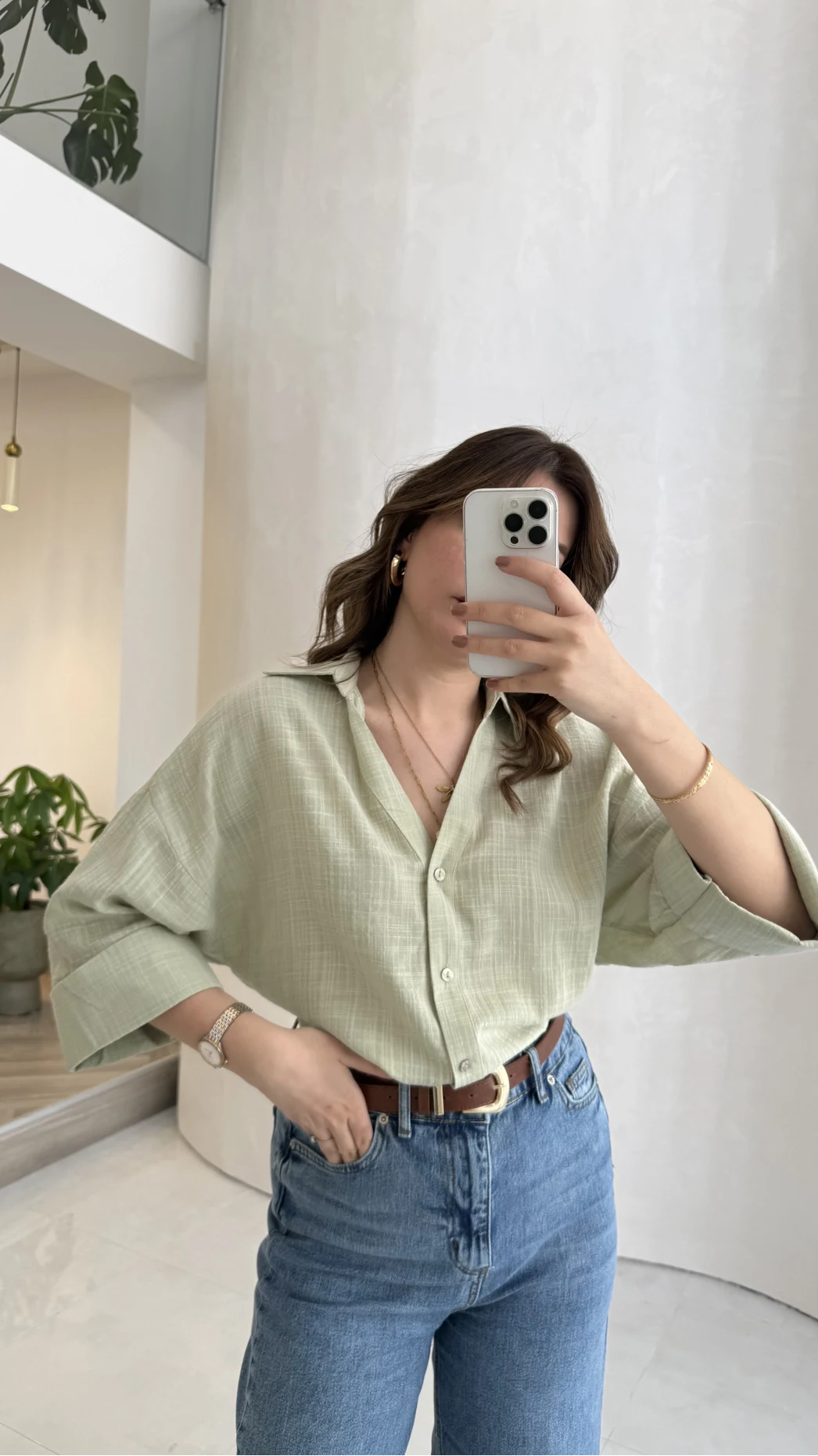 Şantuk Keten Kumaş Gömlek - Çağla - Kod: 2164