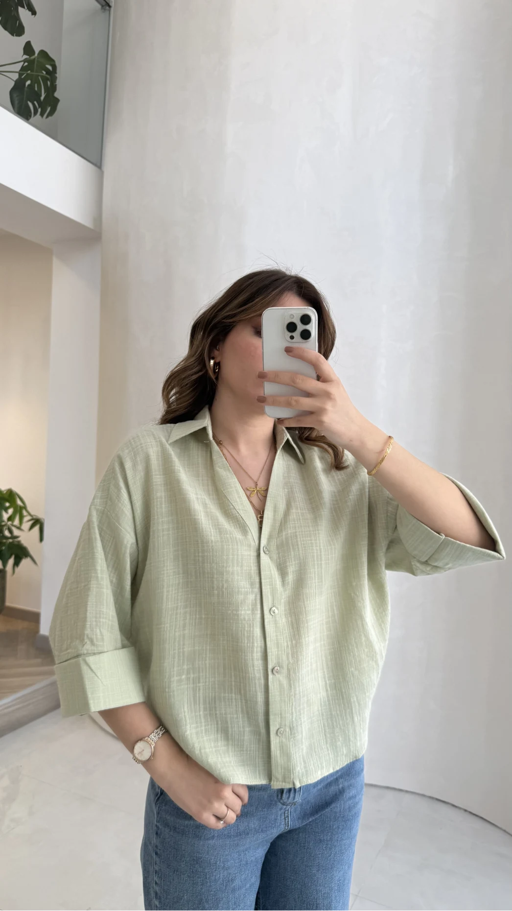 Şantuk Keten Kumaş Gömlek - Çağla - Kod: 2164